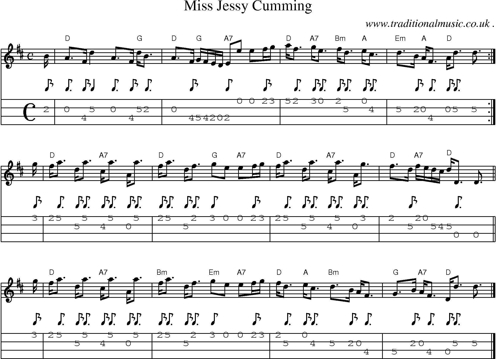 Sheet-music  score, Chords and Mandolin Tabs for Miss Jessy Cumming