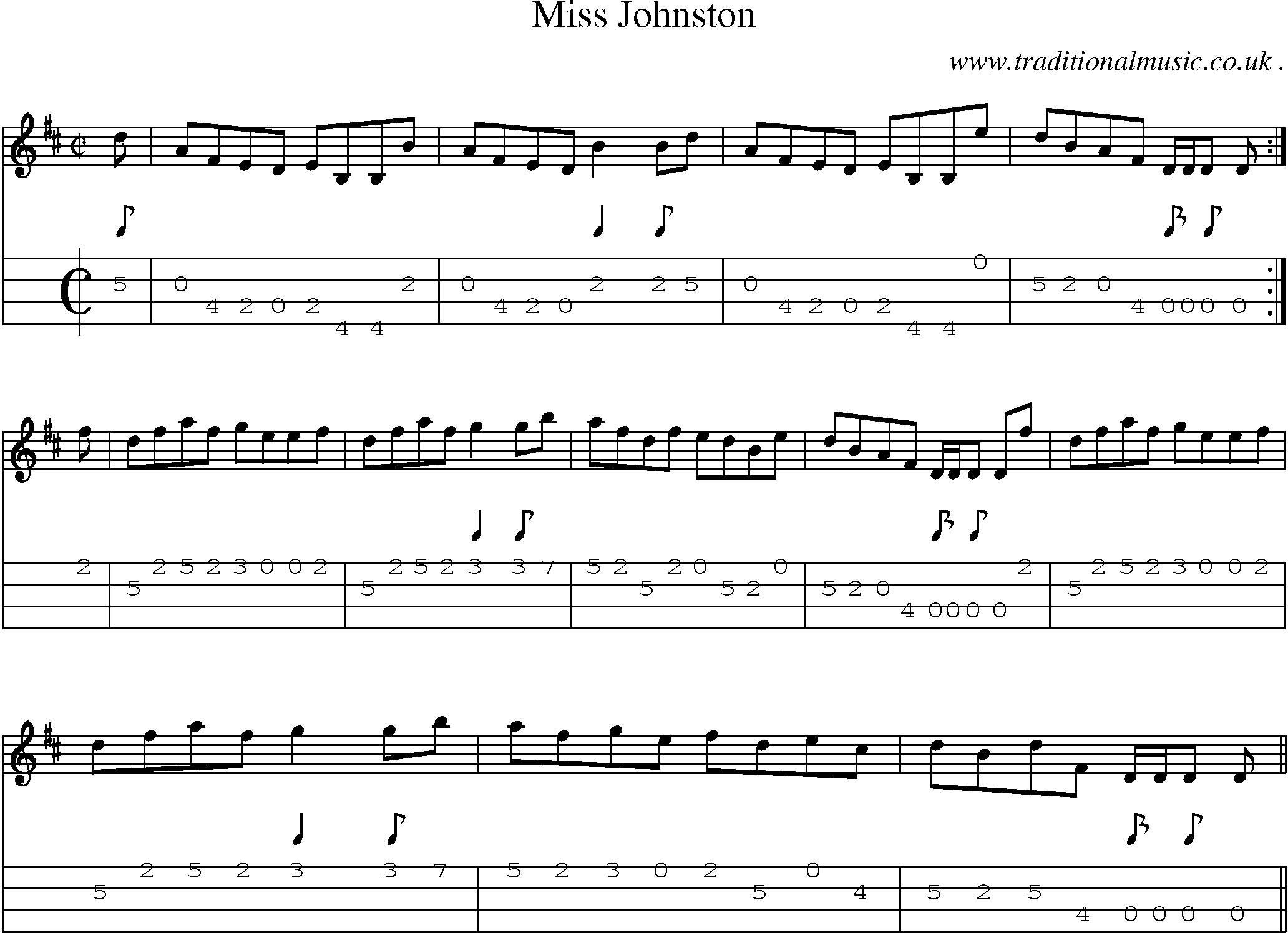 Sheet-music  score, Chords and Mandolin Tabs for Miss Johnston