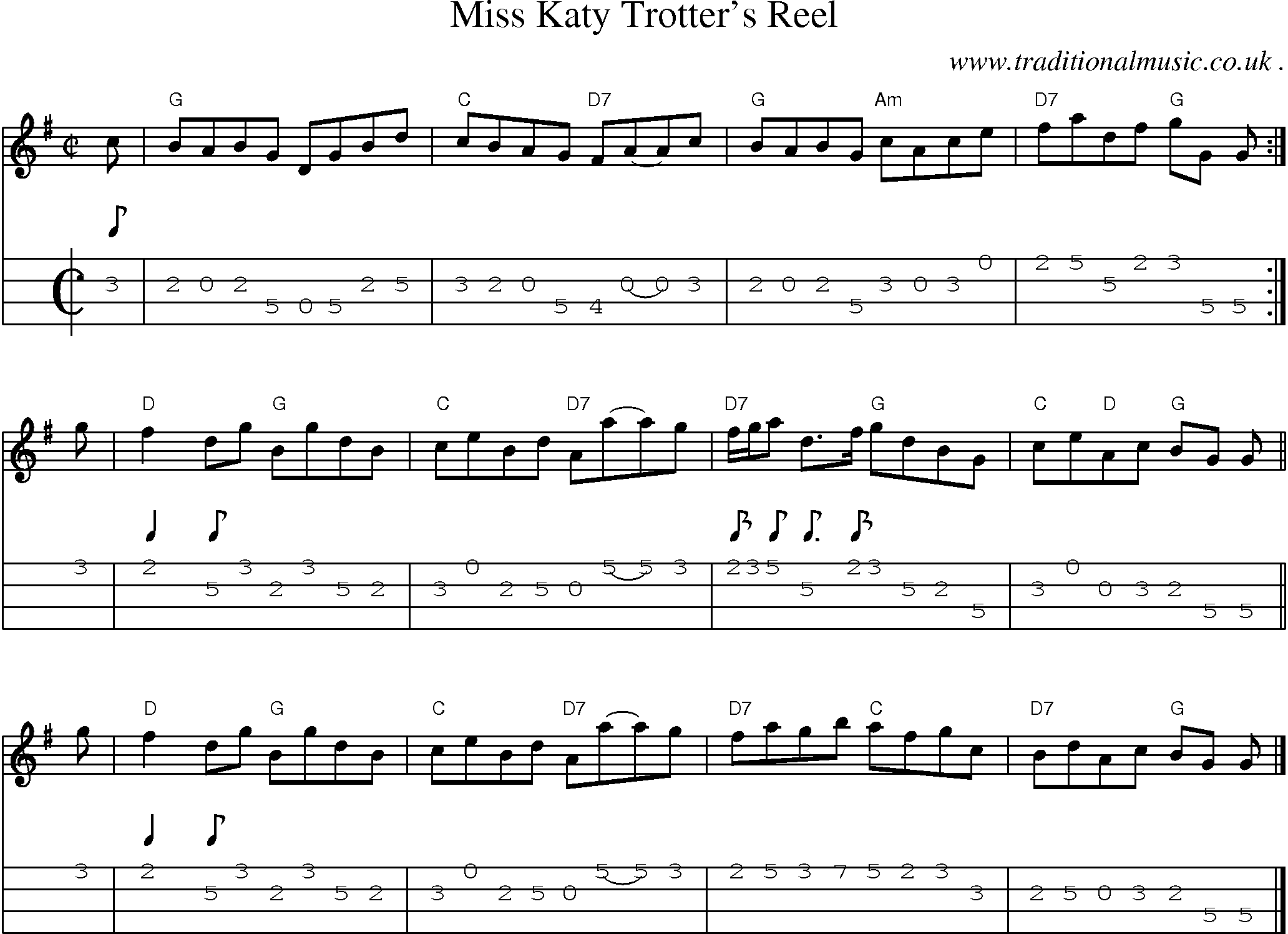 Sheet-music  score, Chords and Mandolin Tabs for Miss Katy Trotters Reel