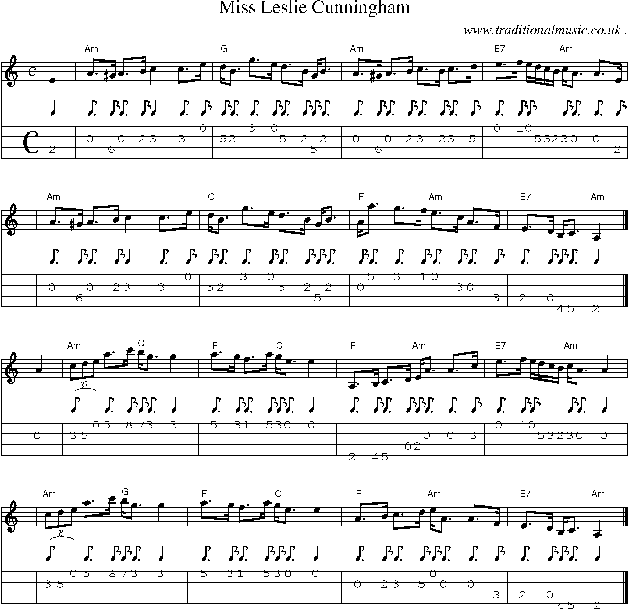 Sheet-music  score, Chords and Mandolin Tabs for Miss Leslie Cunningham