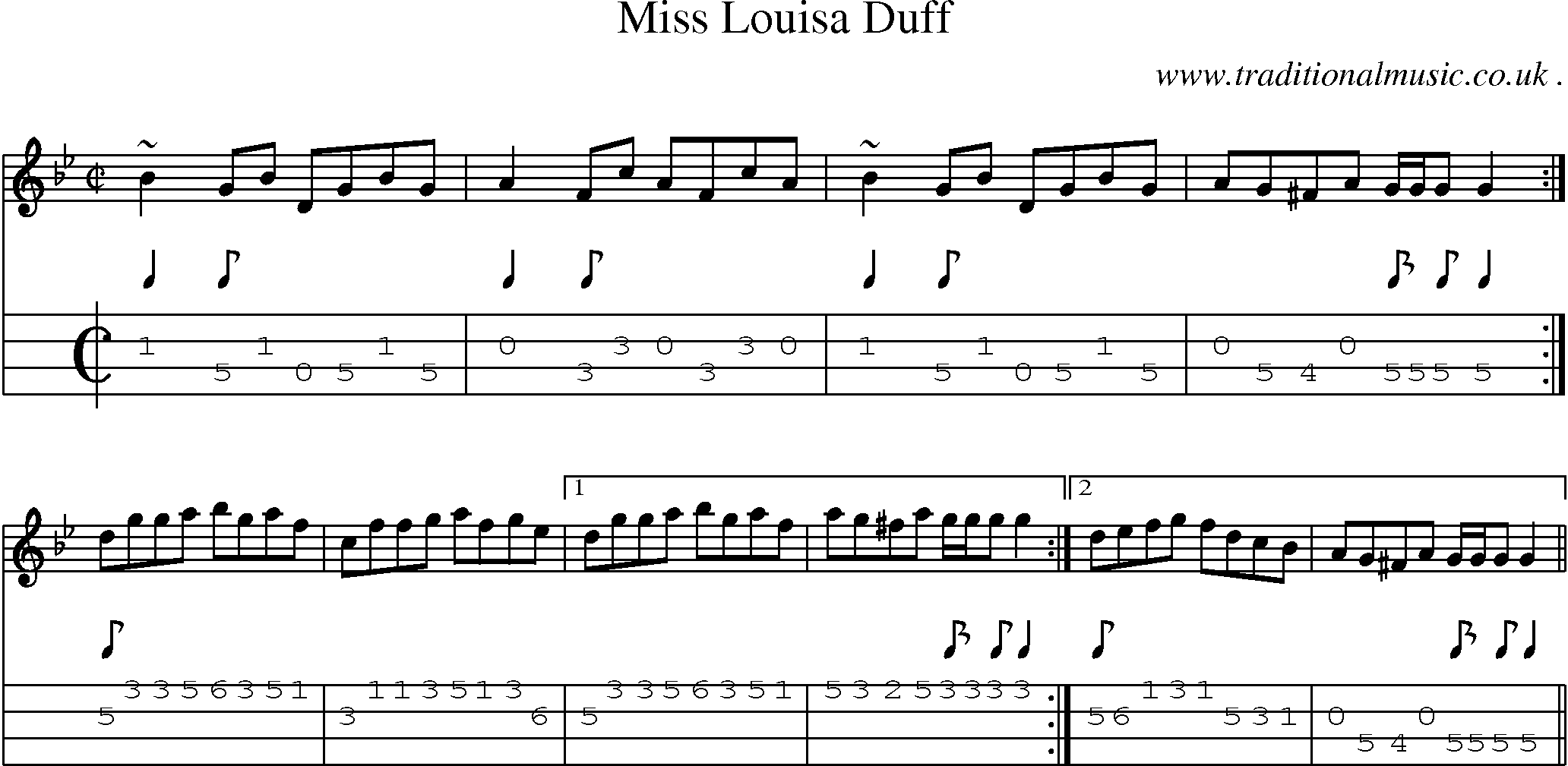 Sheet-music  score, Chords and Mandolin Tabs for Miss Louisa Duff