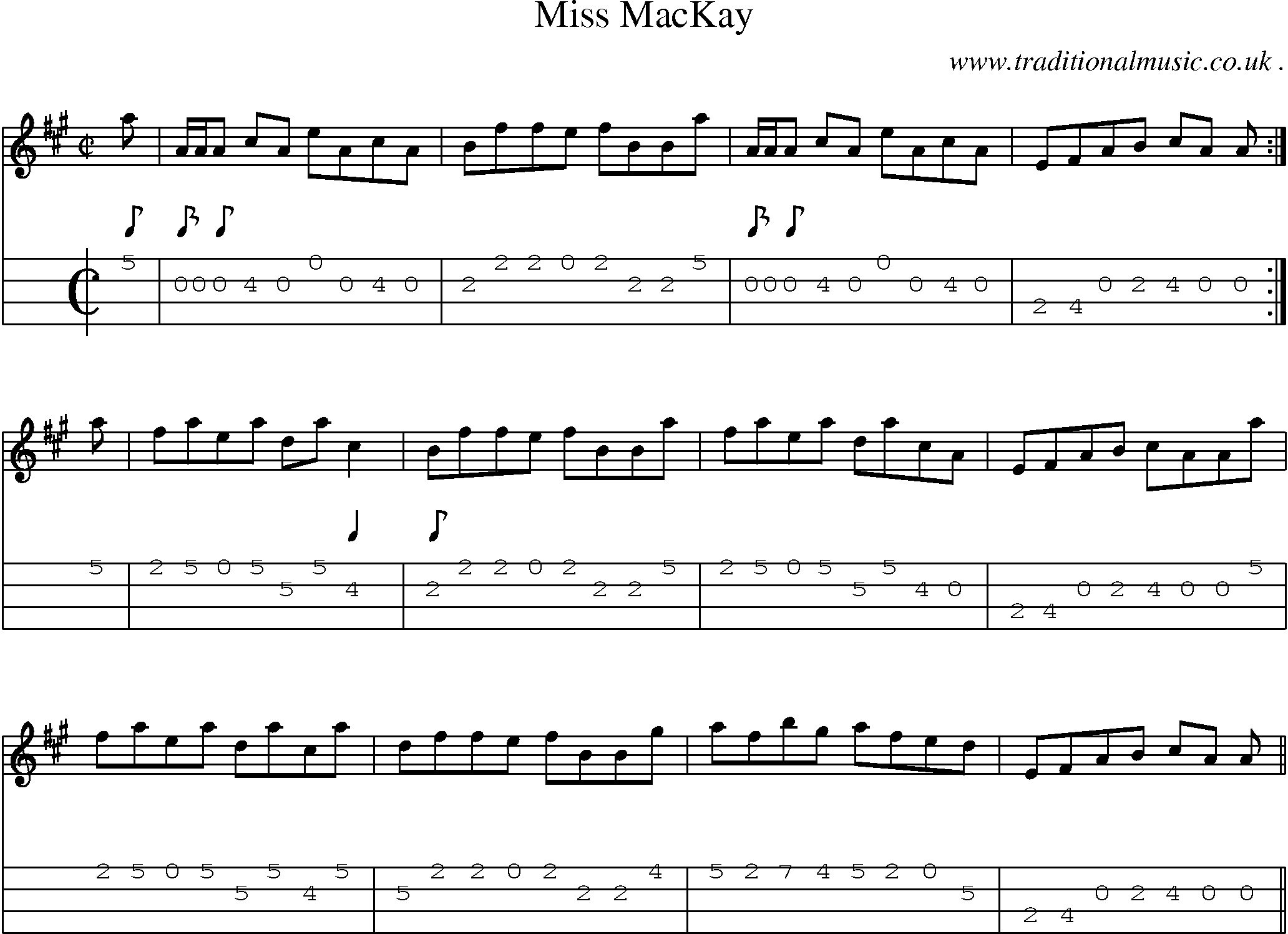 Sheet-music  score, Chords and Mandolin Tabs for Miss Mackay