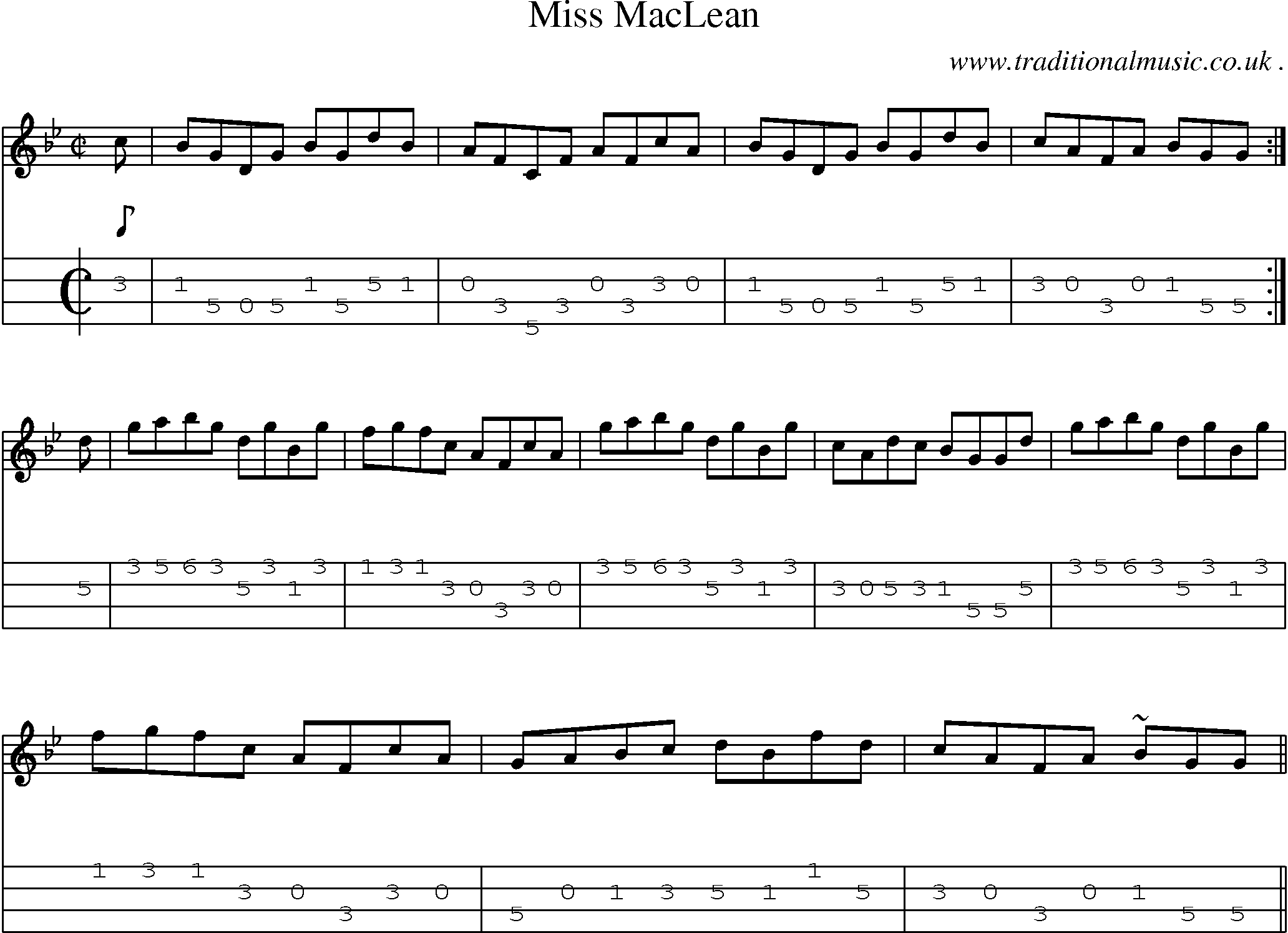 Sheet-music  score, Chords and Mandolin Tabs for Miss Maclean