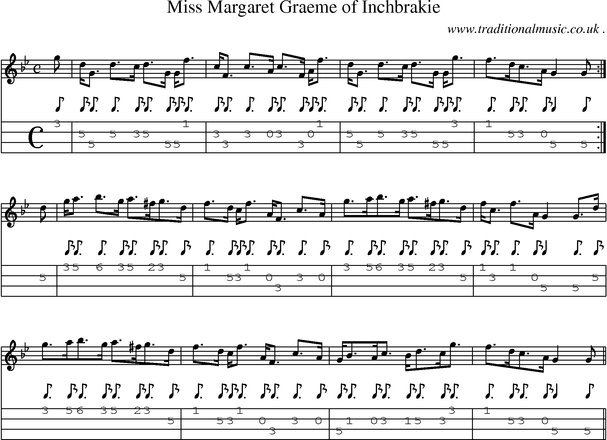 Sheet-music  score, Chords and Mandolin Tabs for Miss Margaret Graeme Of Inchbrakie
