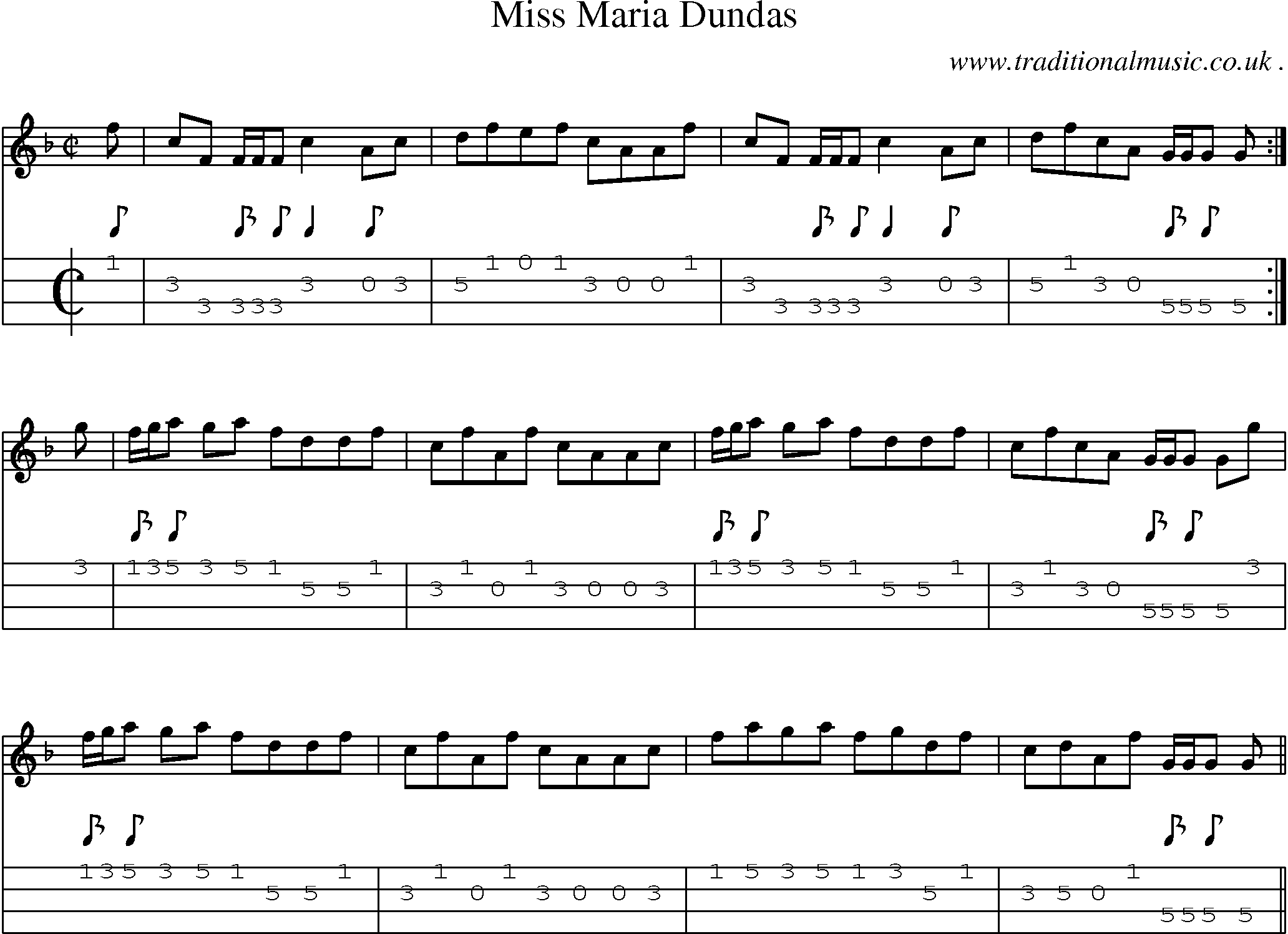 Sheet-music  score, Chords and Mandolin Tabs for Miss Maria Dundas