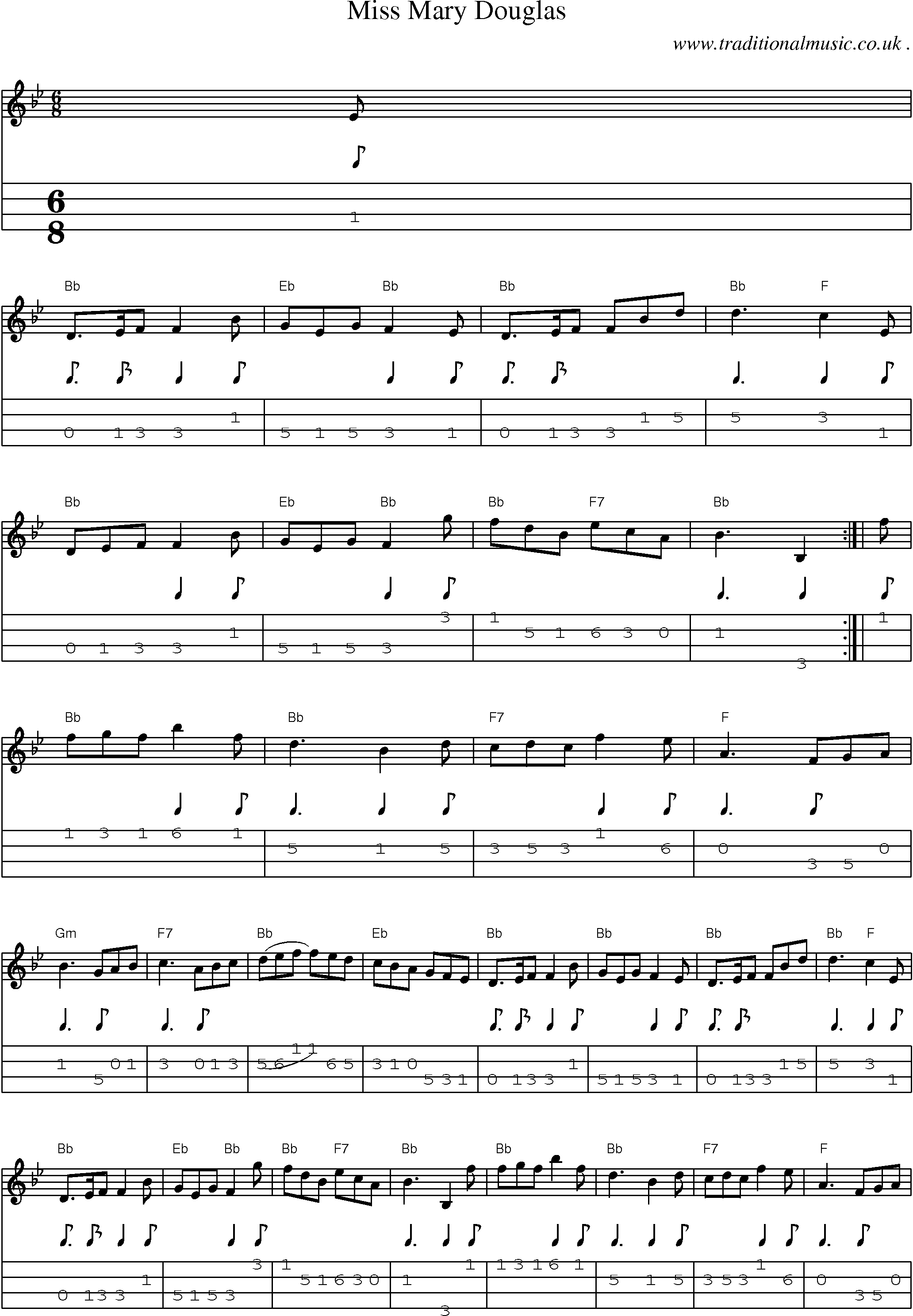 Sheet-music  score, Chords and Mandolin Tabs for Miss Mary Douglas