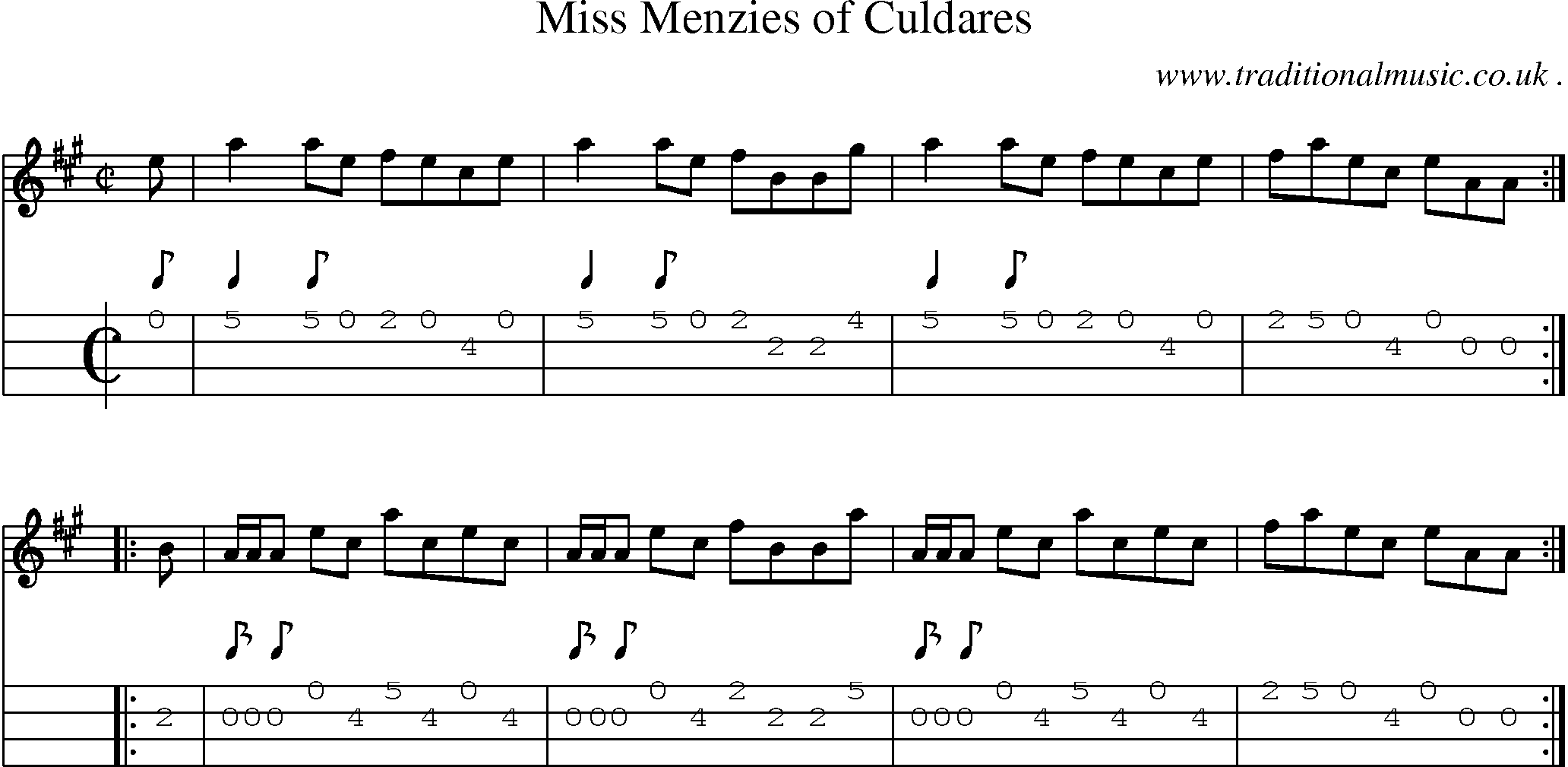 Sheet-music  score, Chords and Mandolin Tabs for Miss Menzies Of Culdares