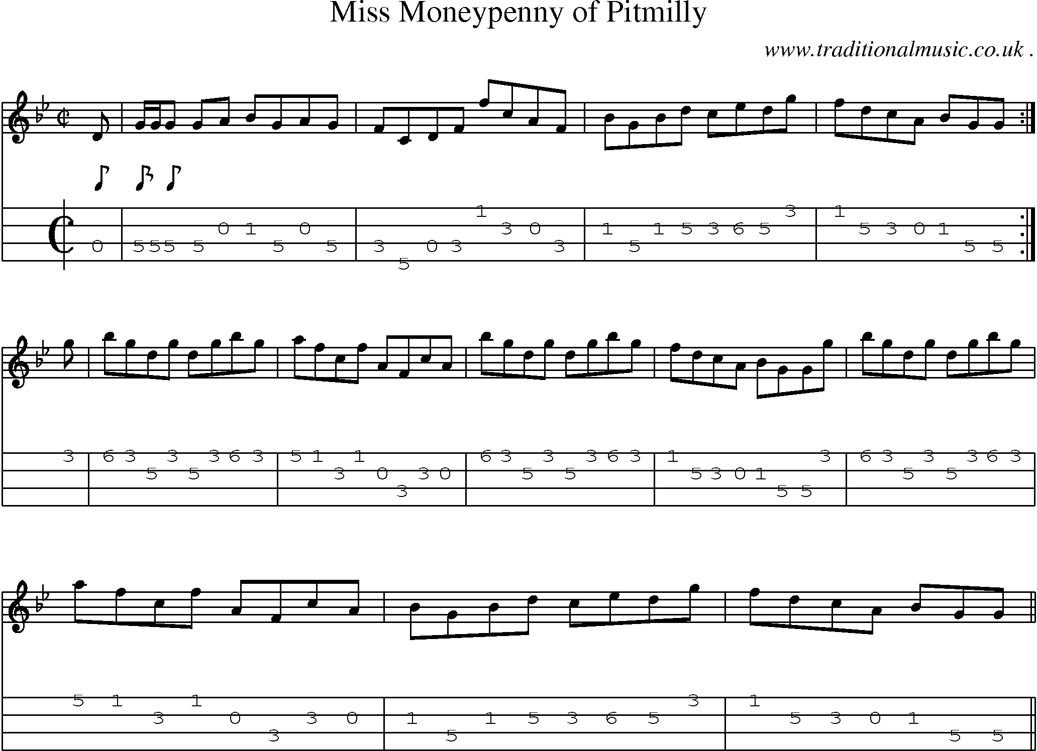Sheet-music  score, Chords and Mandolin Tabs for Miss Moneypenny Of Pitmilly