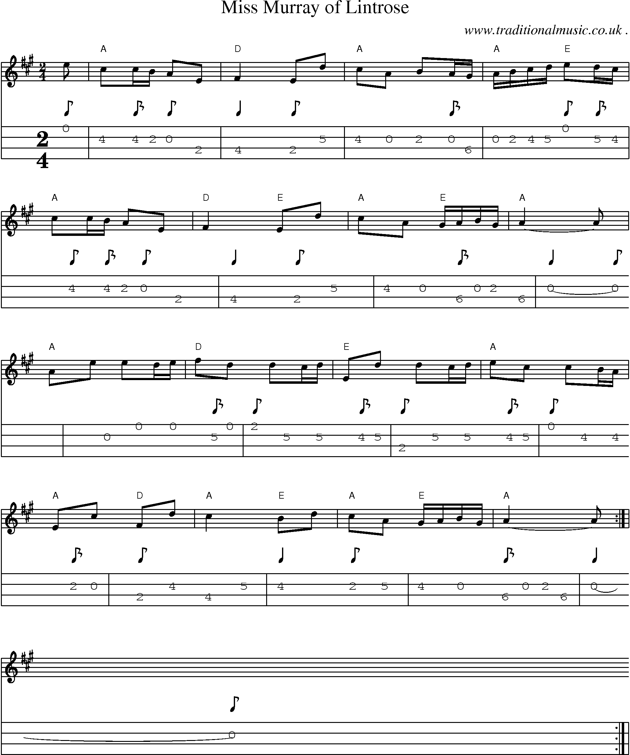 Sheet-music  score, Chords and Mandolin Tabs for Miss Murray Of Lintrose