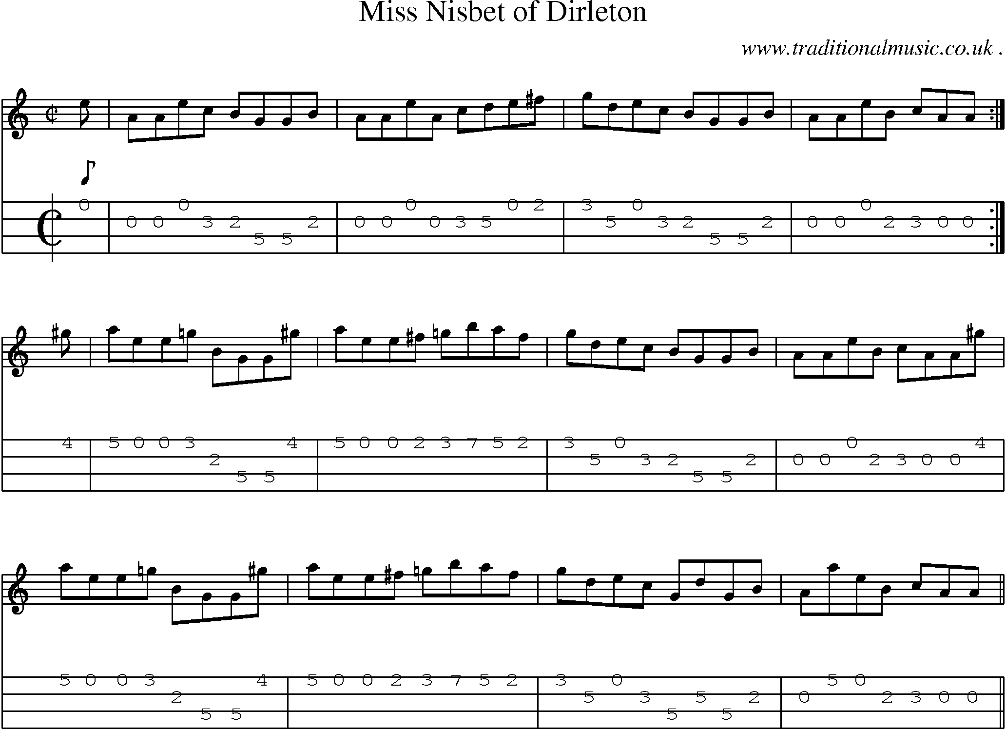 Sheet-music  score, Chords and Mandolin Tabs for Miss Nisbet Of Dirleton
