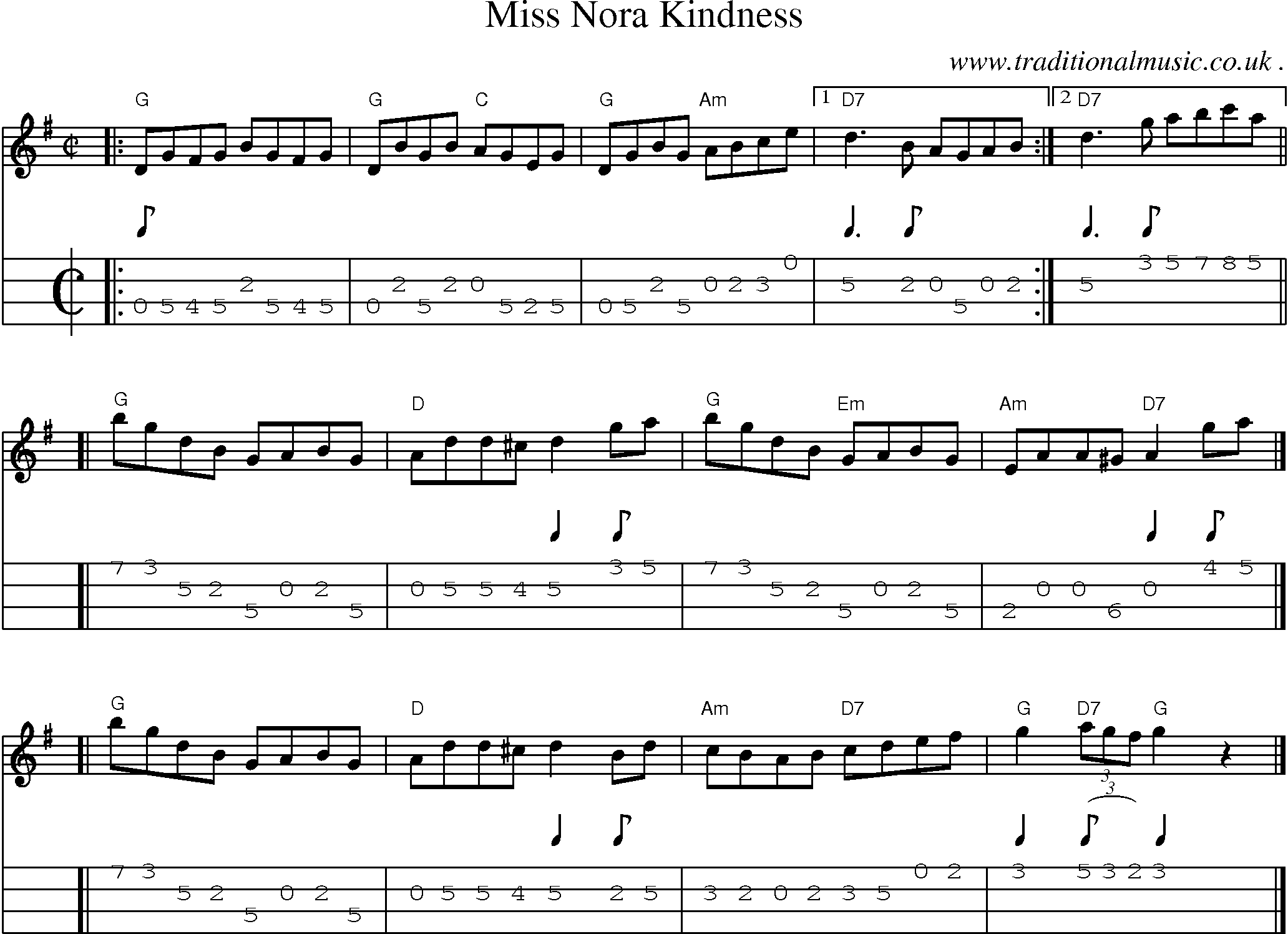 Sheet-music  score, Chords and Mandolin Tabs for Miss Nora Kindness