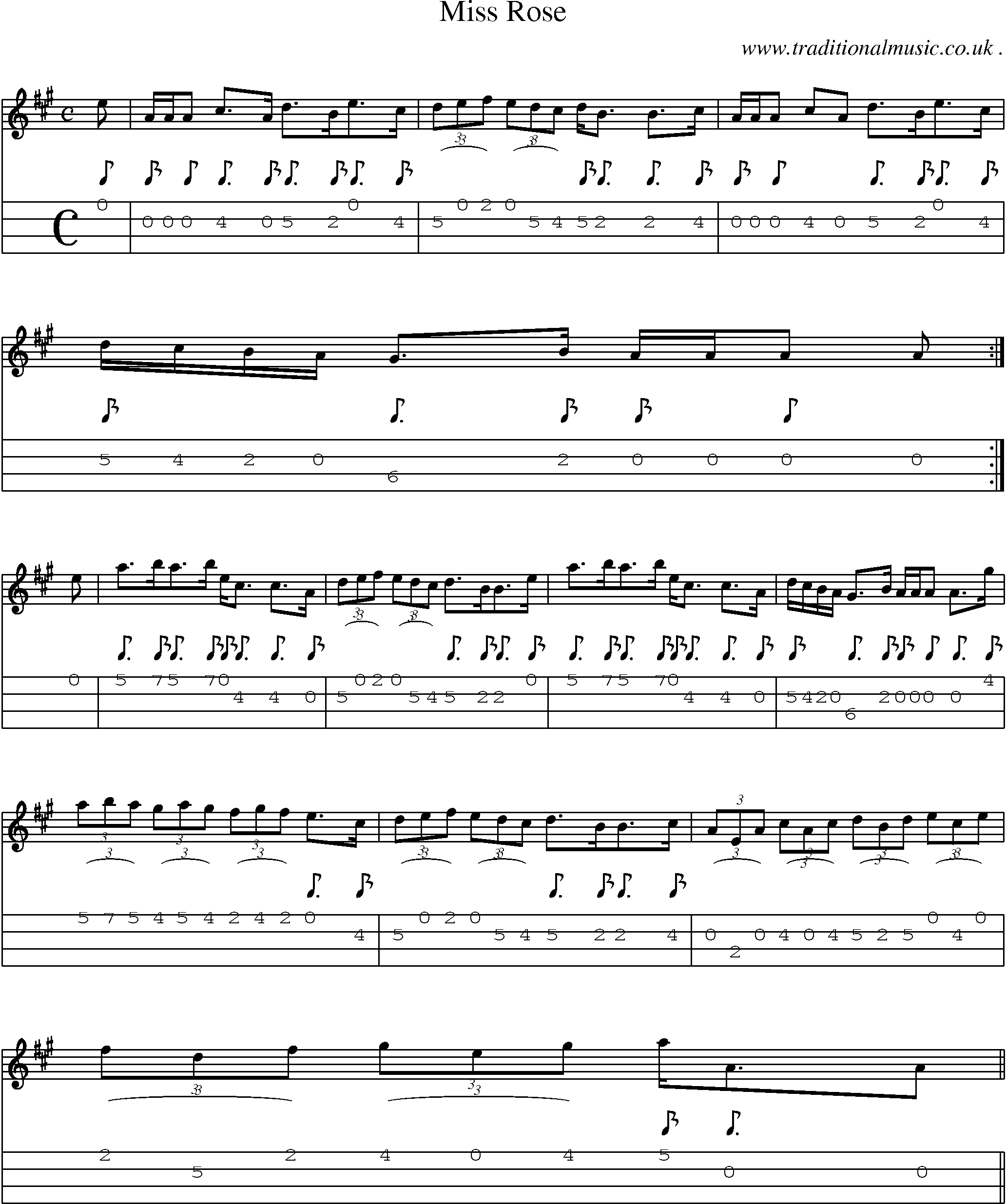 Sheet-music  score, Chords and Mandolin Tabs for Miss Rose