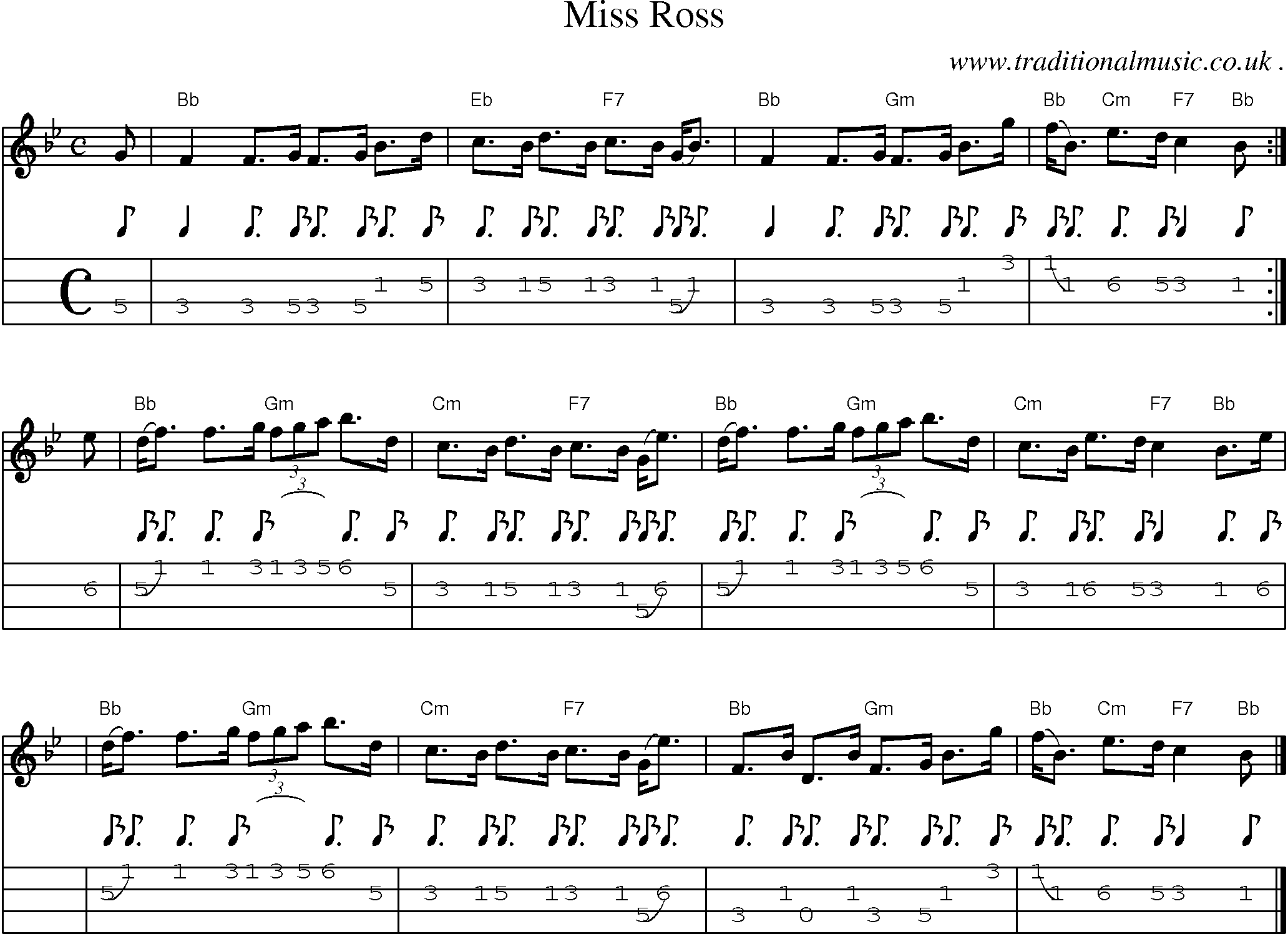 Sheet-music  score, Chords and Mandolin Tabs for Miss Ross