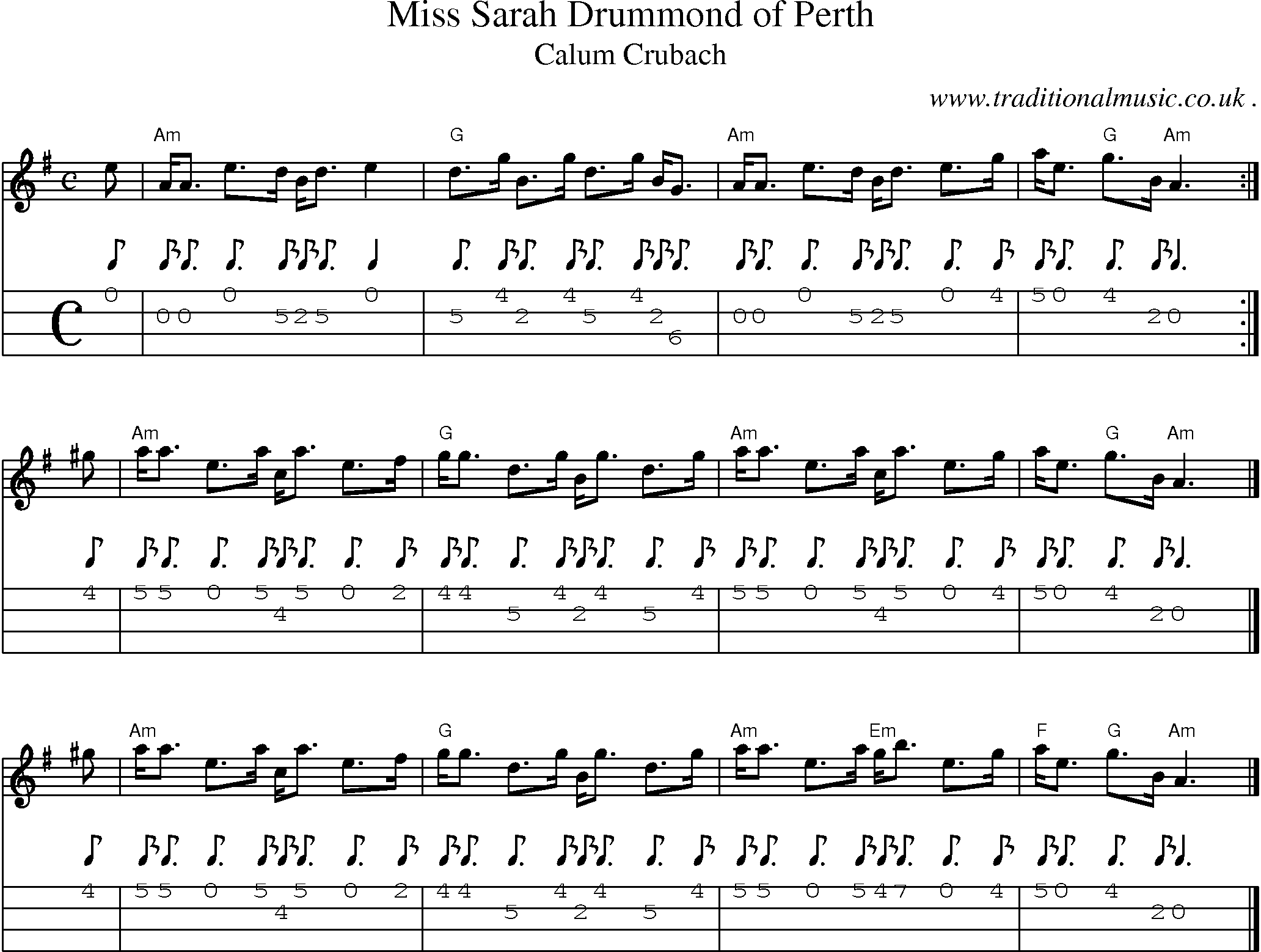 Sheet-music  score, Chords and Mandolin Tabs for Miss Sarah Drummond Of Perth