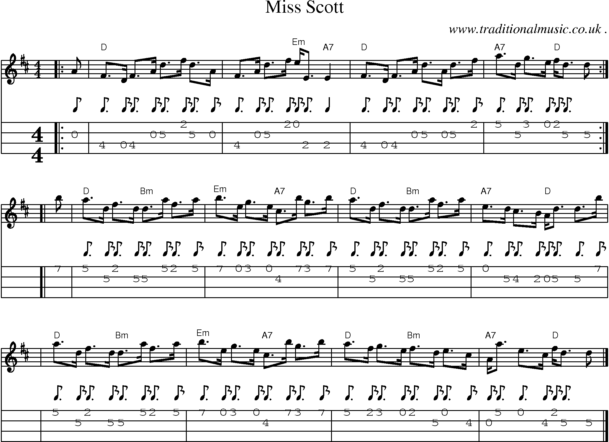 Sheet-music  score, Chords and Mandolin Tabs for Miss Scott