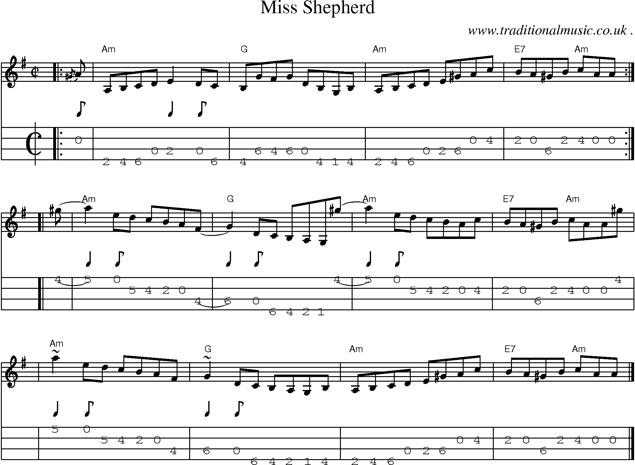 Sheet-music  score, Chords and Mandolin Tabs for Miss Shepherd