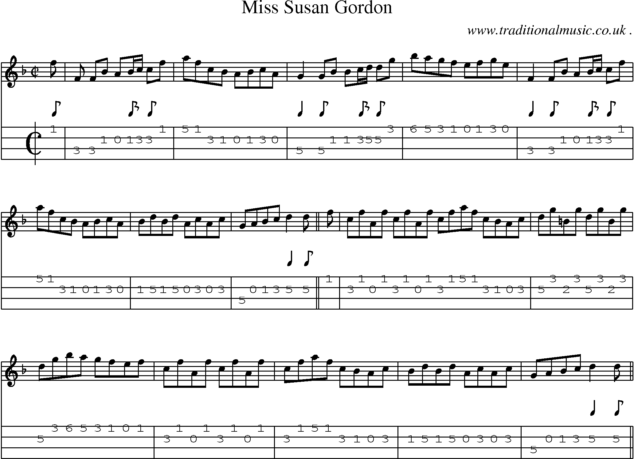 Sheet-music  score, Chords and Mandolin Tabs for Miss Susan Gordon