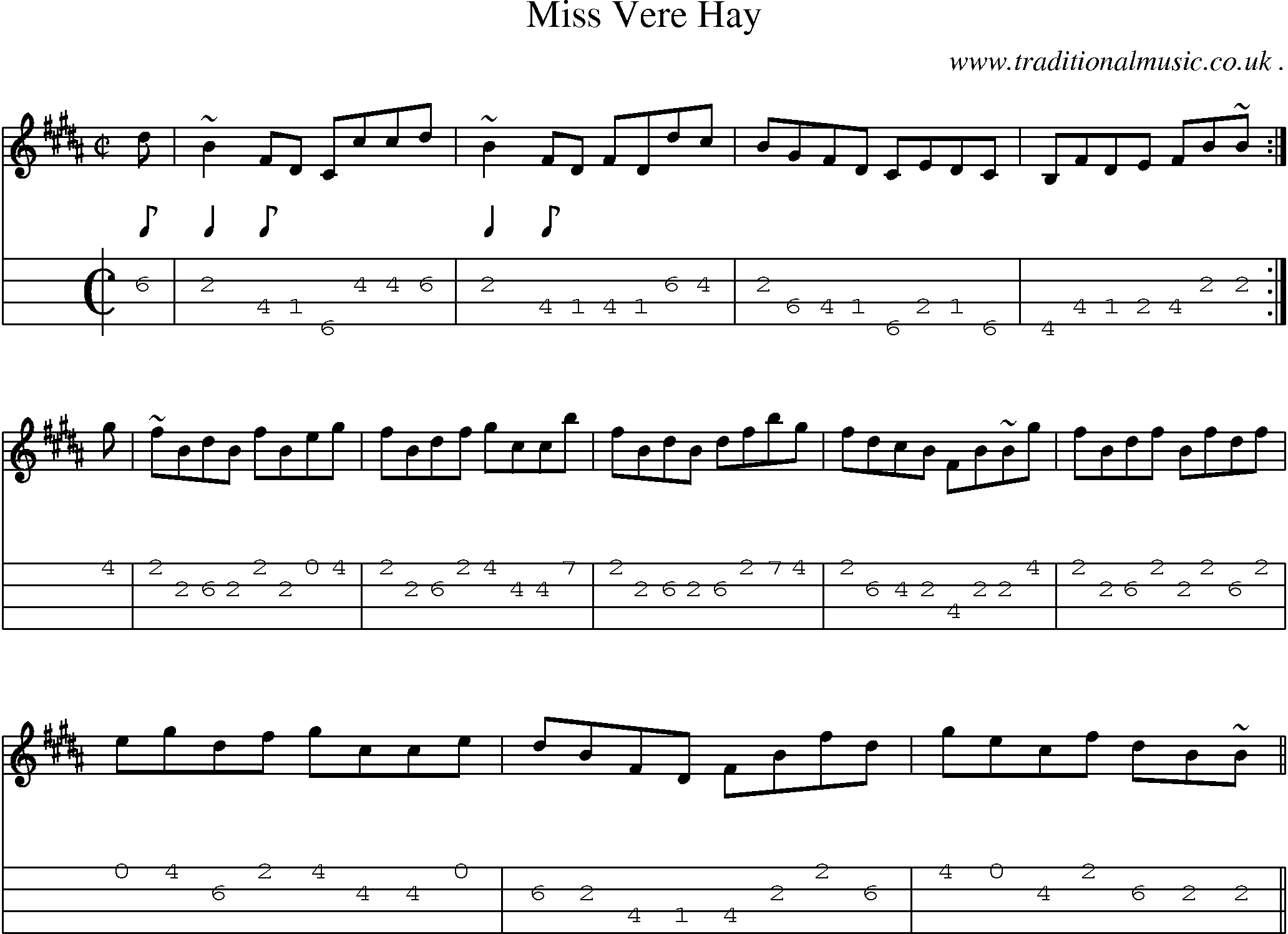 Sheet-music  score, Chords and Mandolin Tabs for Miss Vere Hay
