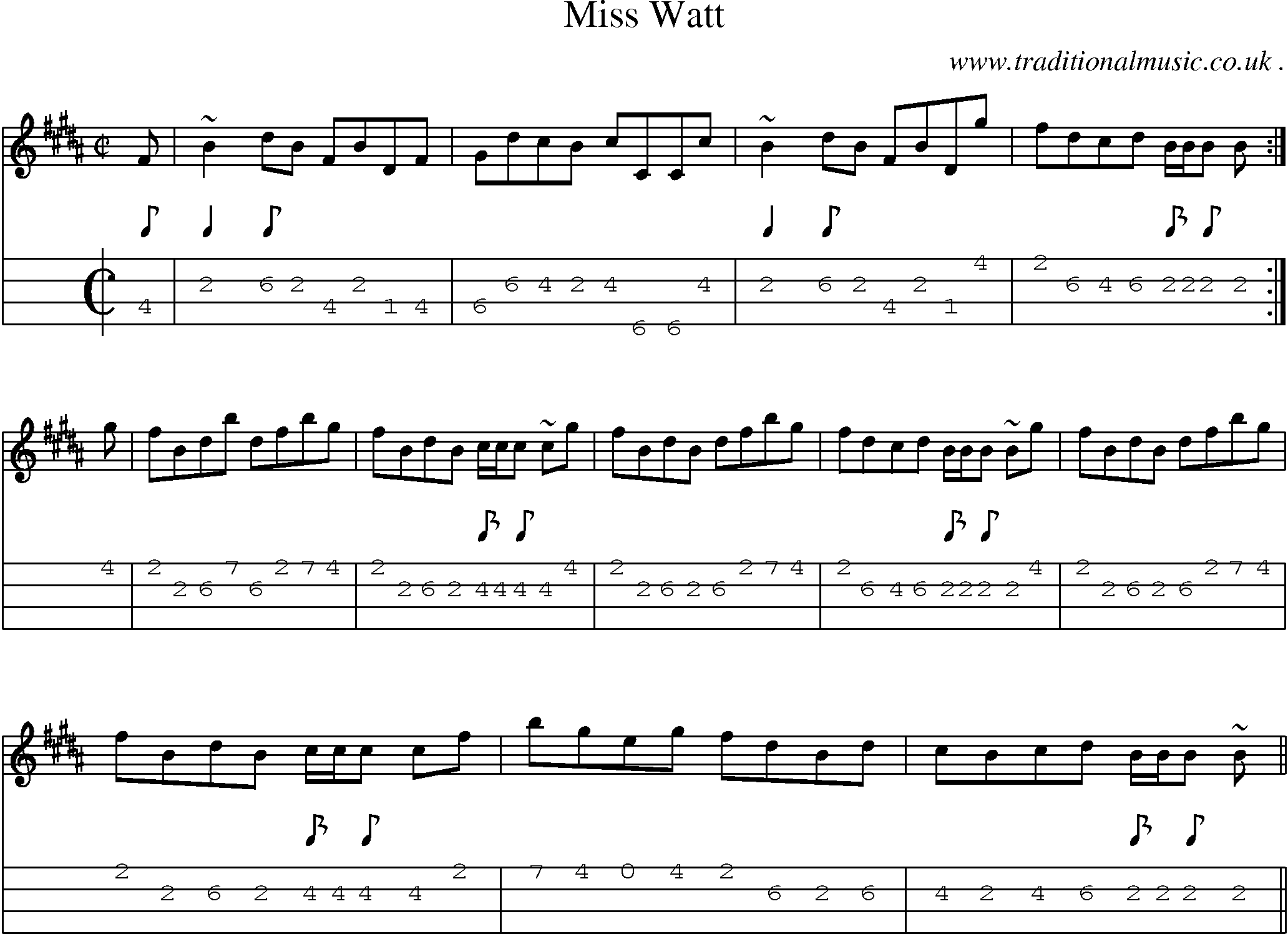 Sheet-music  score, Chords and Mandolin Tabs for Miss Watt