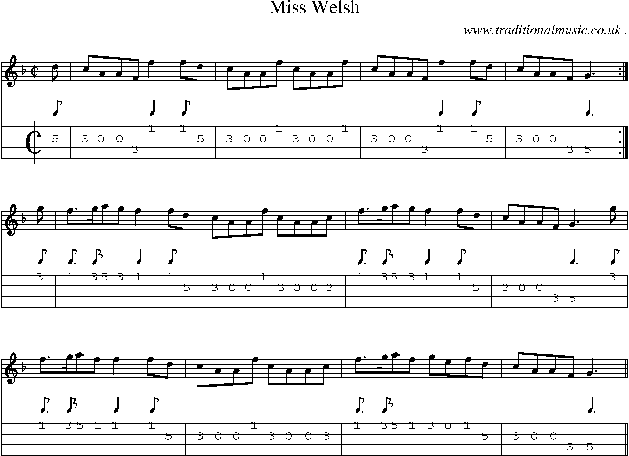 Sheet-music  score, Chords and Mandolin Tabs for Miss Welsh