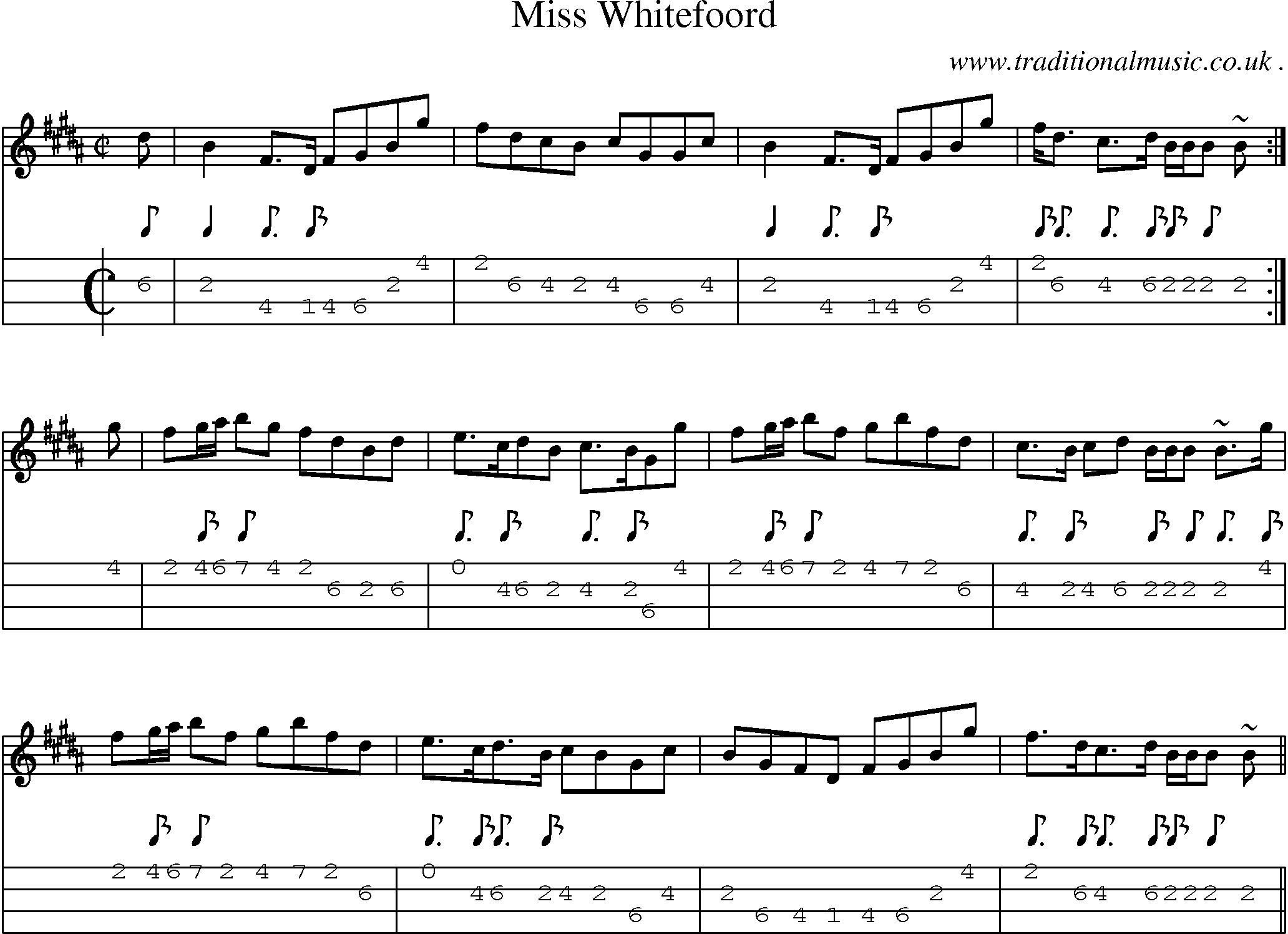 Sheet-music  score, Chords and Mandolin Tabs for Miss Whitefoord