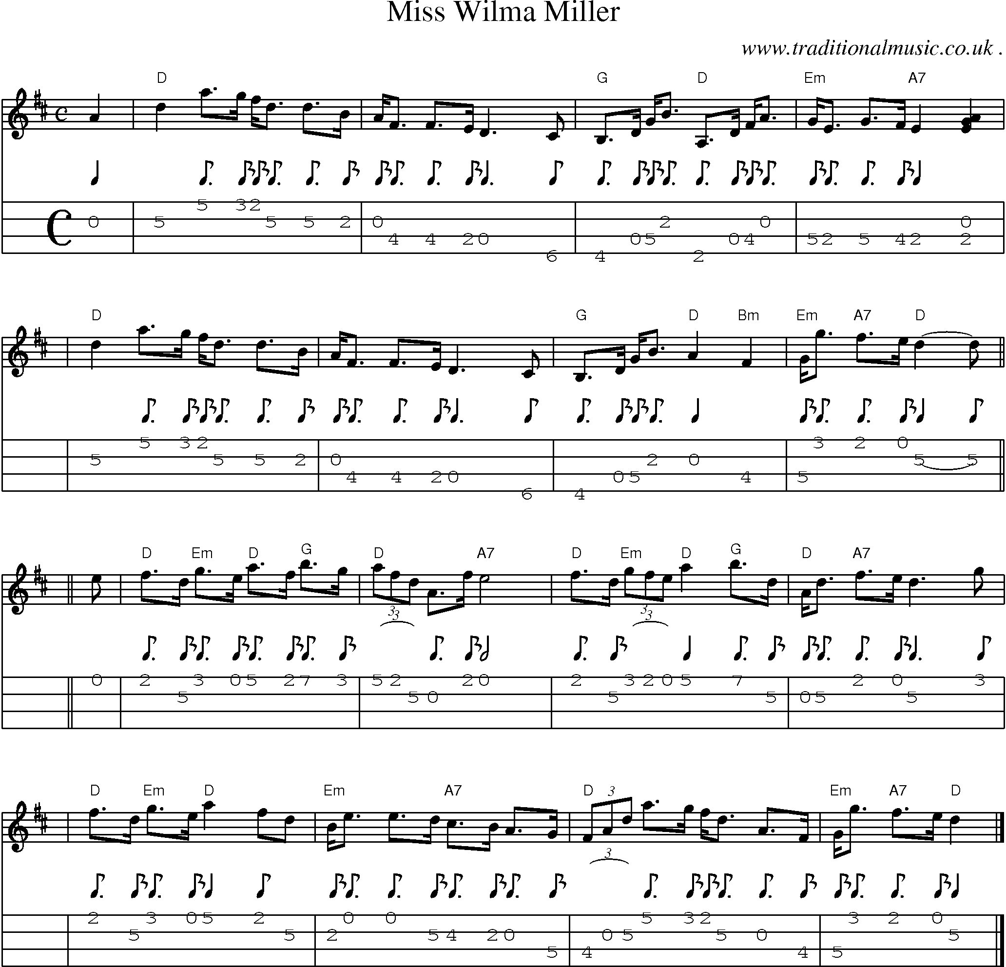 Sheet-music  score, Chords and Mandolin Tabs for Miss Wilma Miller