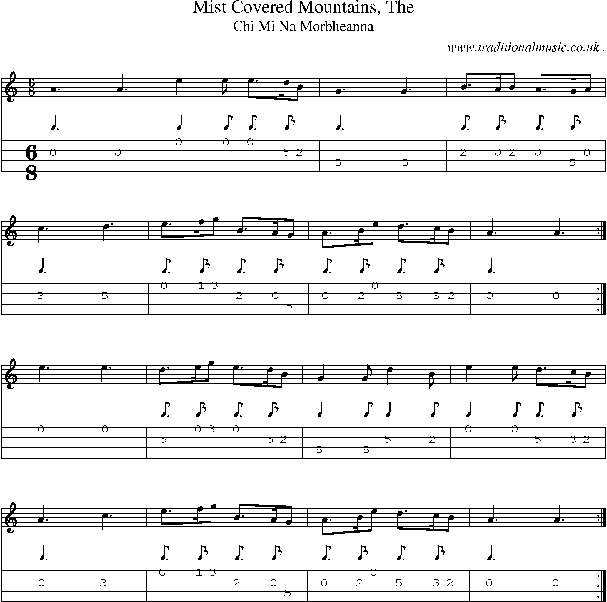 Sheet-music  score, Chords and Mandolin Tabs for Mist Covered Mountains The