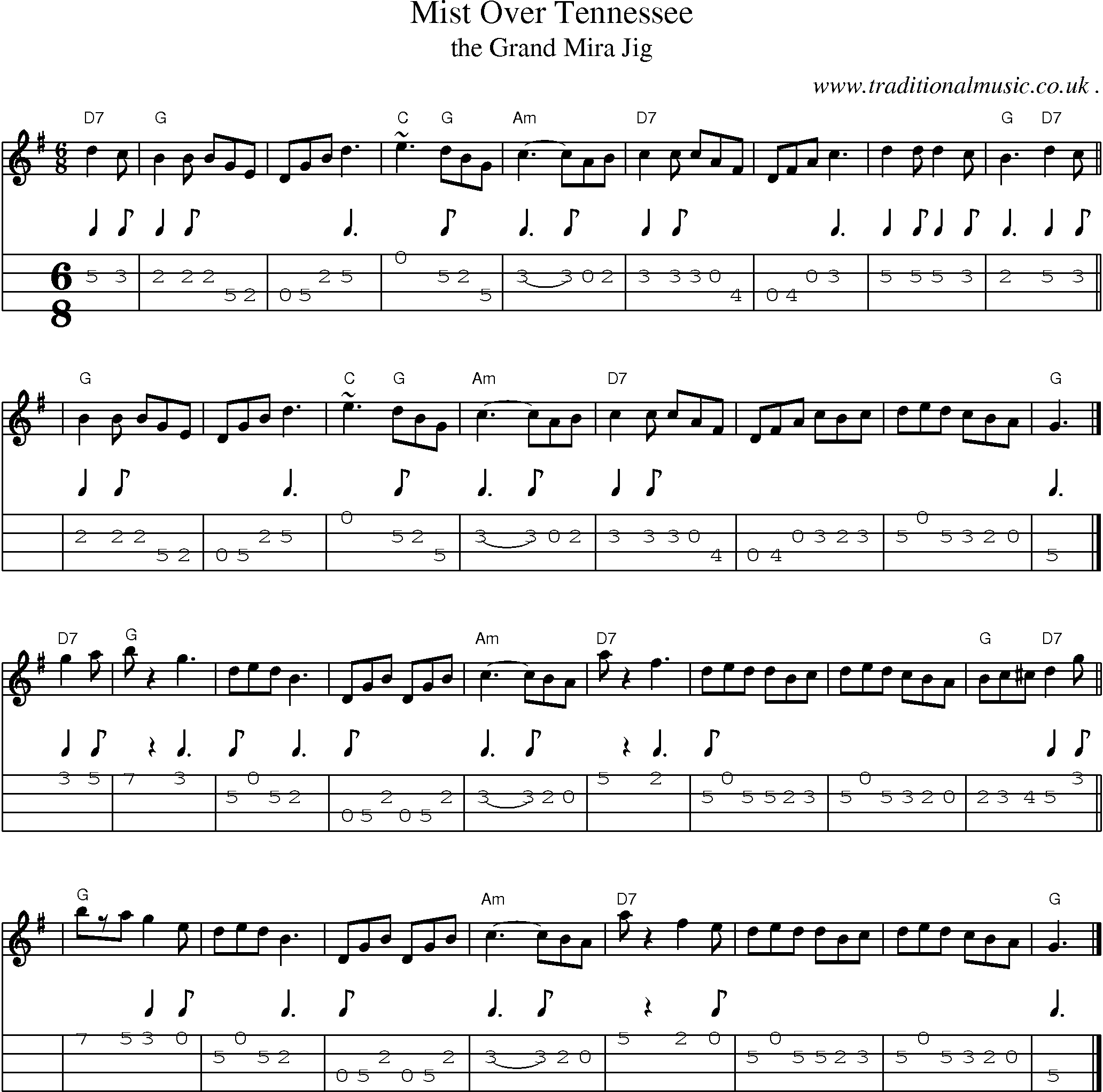 Sheet-music  score, Chords and Mandolin Tabs for Mist Over Tennessee