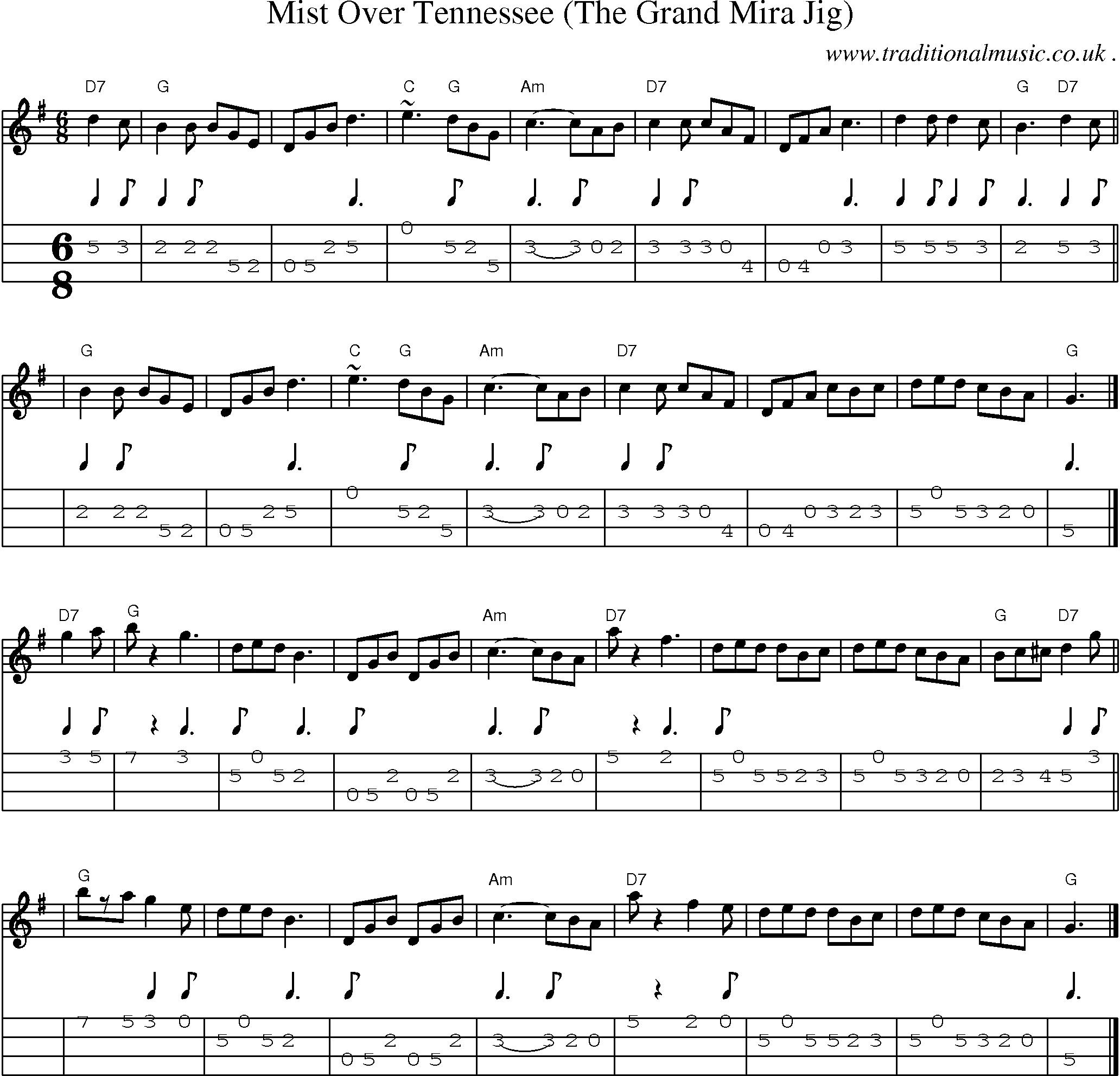 Sheet-music  score, Chords and Mandolin Tabs for Mist Over Tennessee The Grand Mira Jig