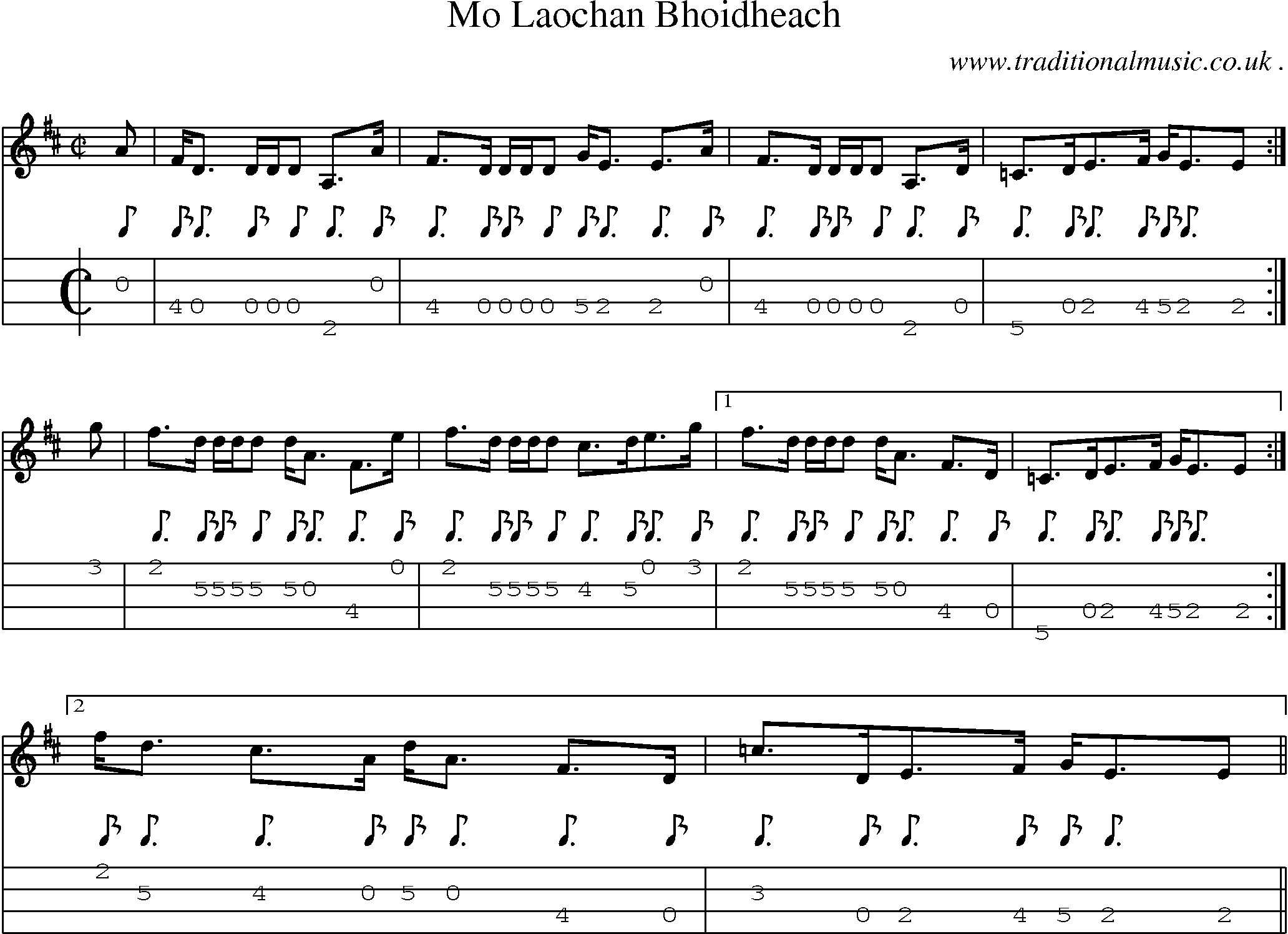 Sheet-music  score, Chords and Mandolin Tabs for Mo Laochan Bhoidheach