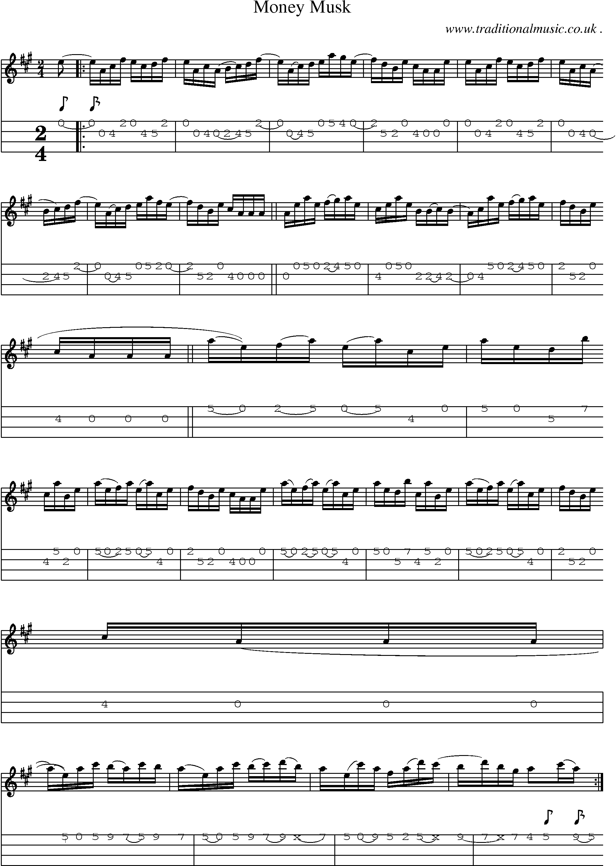 Sheet-music  score, Chords and Mandolin Tabs for Money Musk
