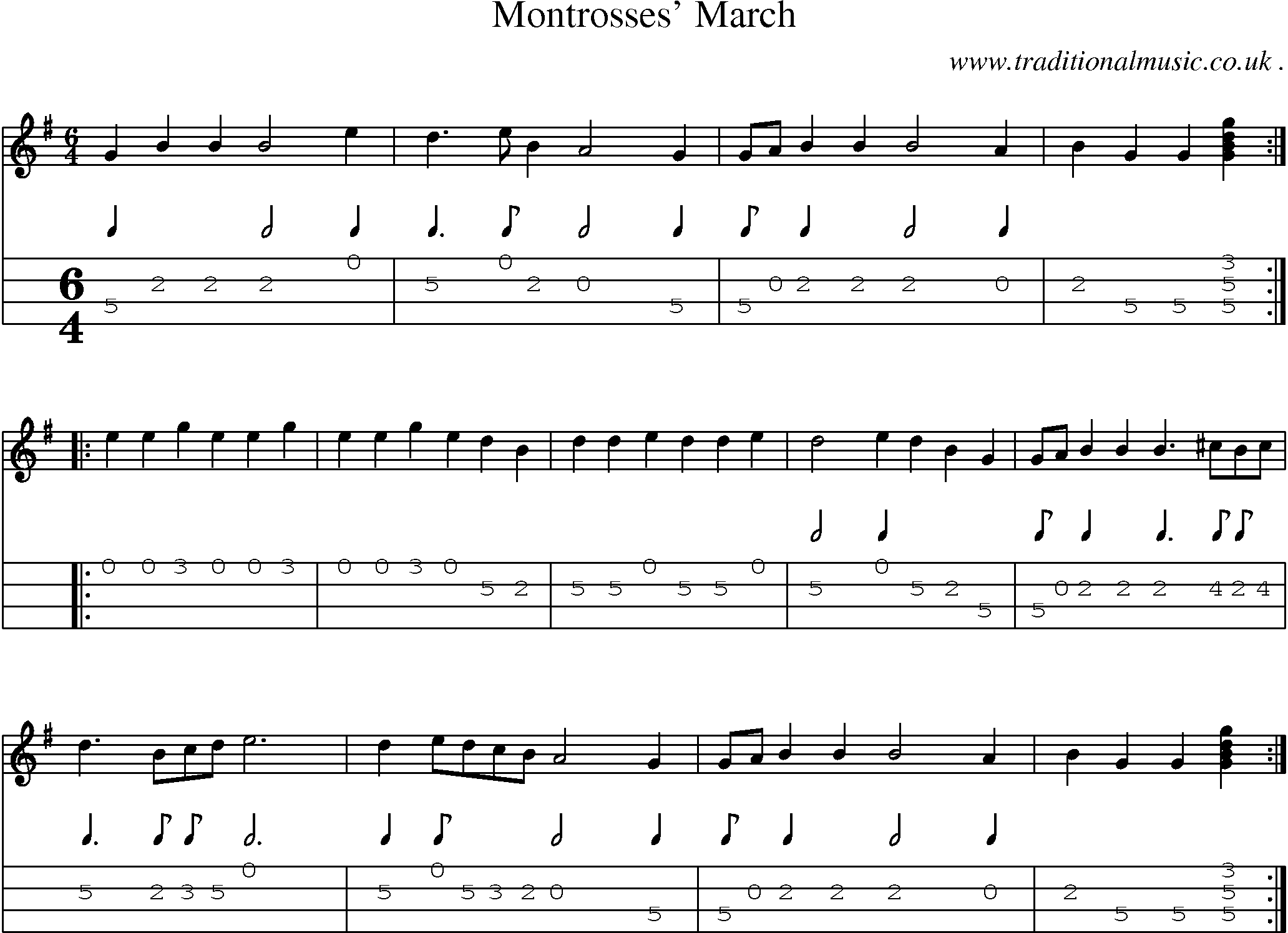 Sheet-music  score, Chords and Mandolin Tabs for Montrosses March