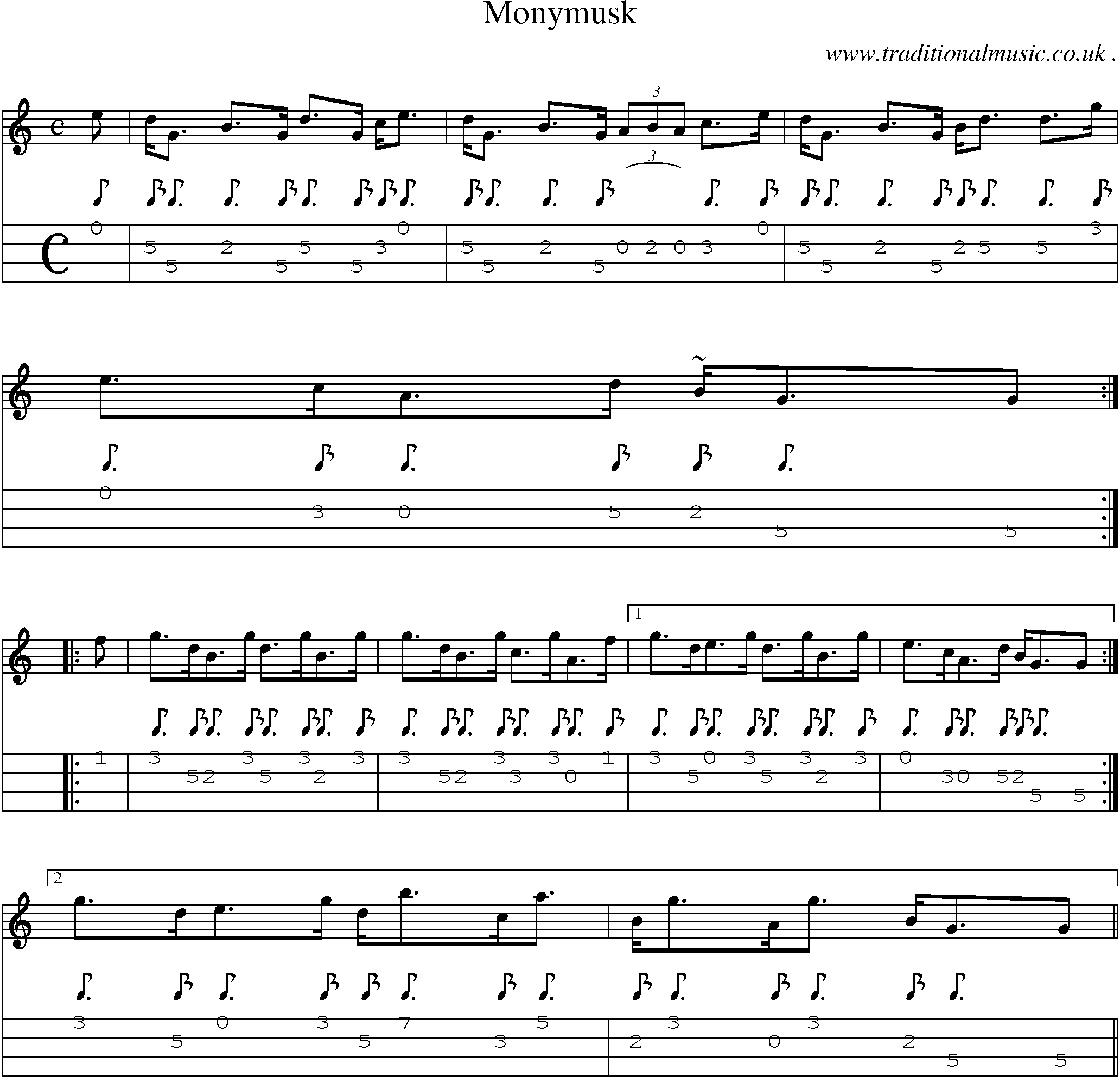 Sheet-music  score, Chords and Mandolin Tabs for Monymusk
