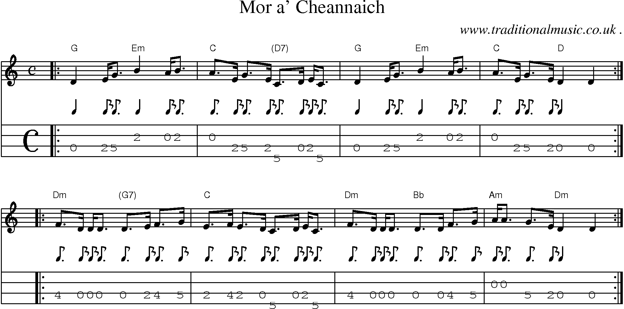 Sheet-music  score, Chords and Mandolin Tabs for Mor A Cheannaich