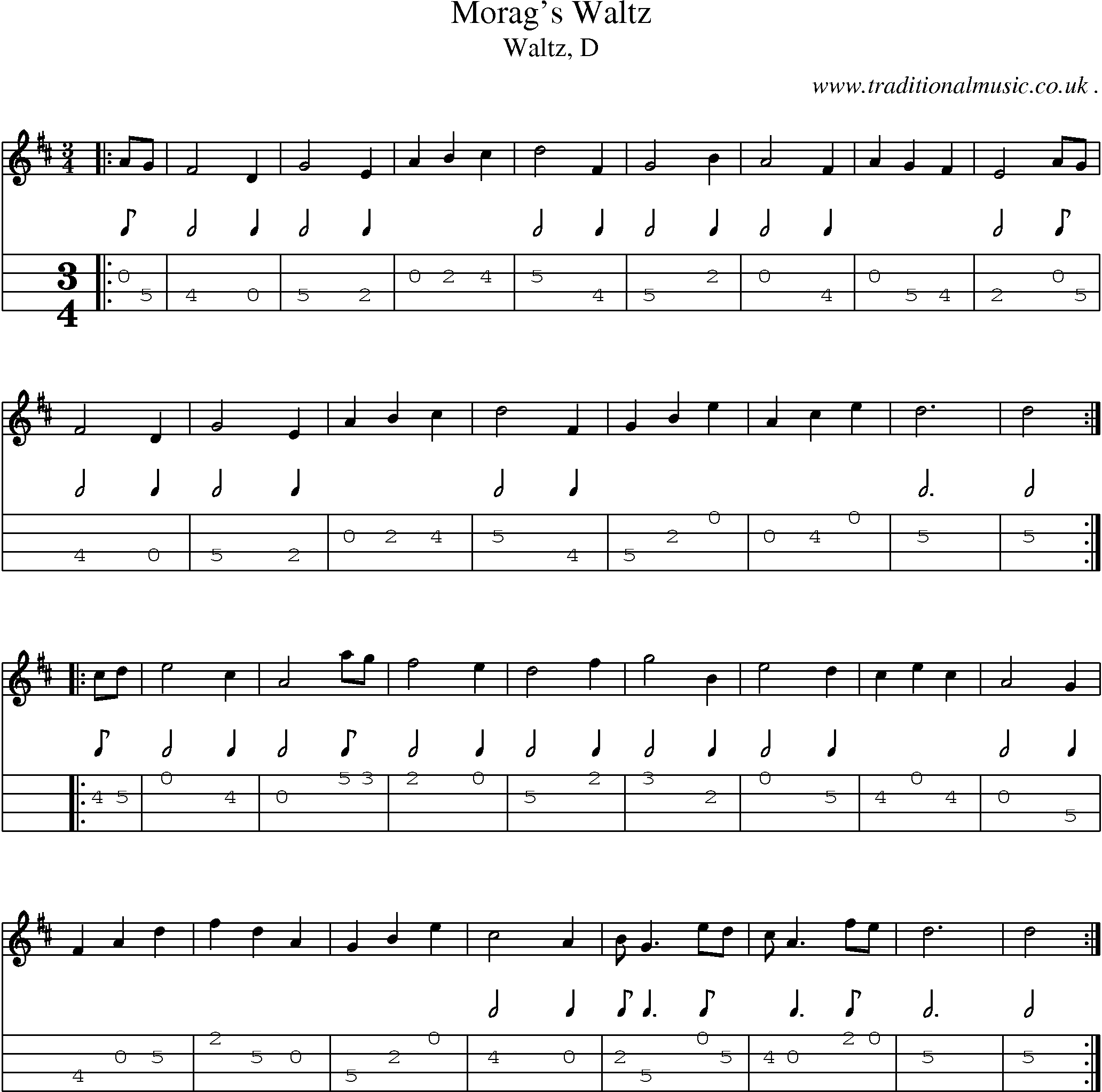 Sheet-music  score, Chords and Mandolin Tabs for Morags Waltz