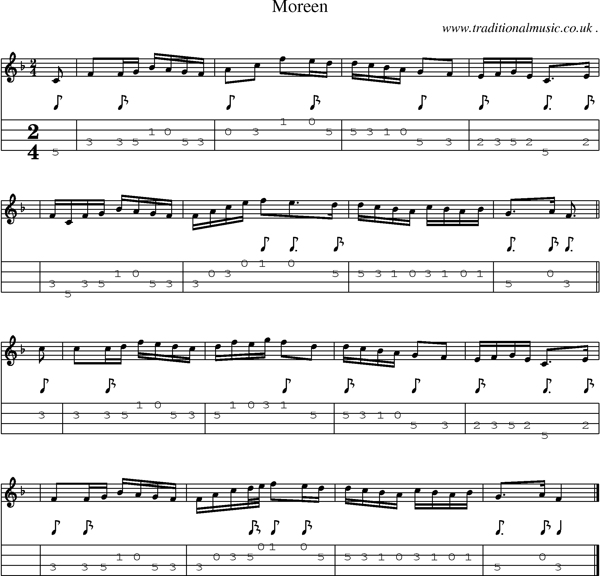 Sheet-music  score, Chords and Mandolin Tabs for Moreen