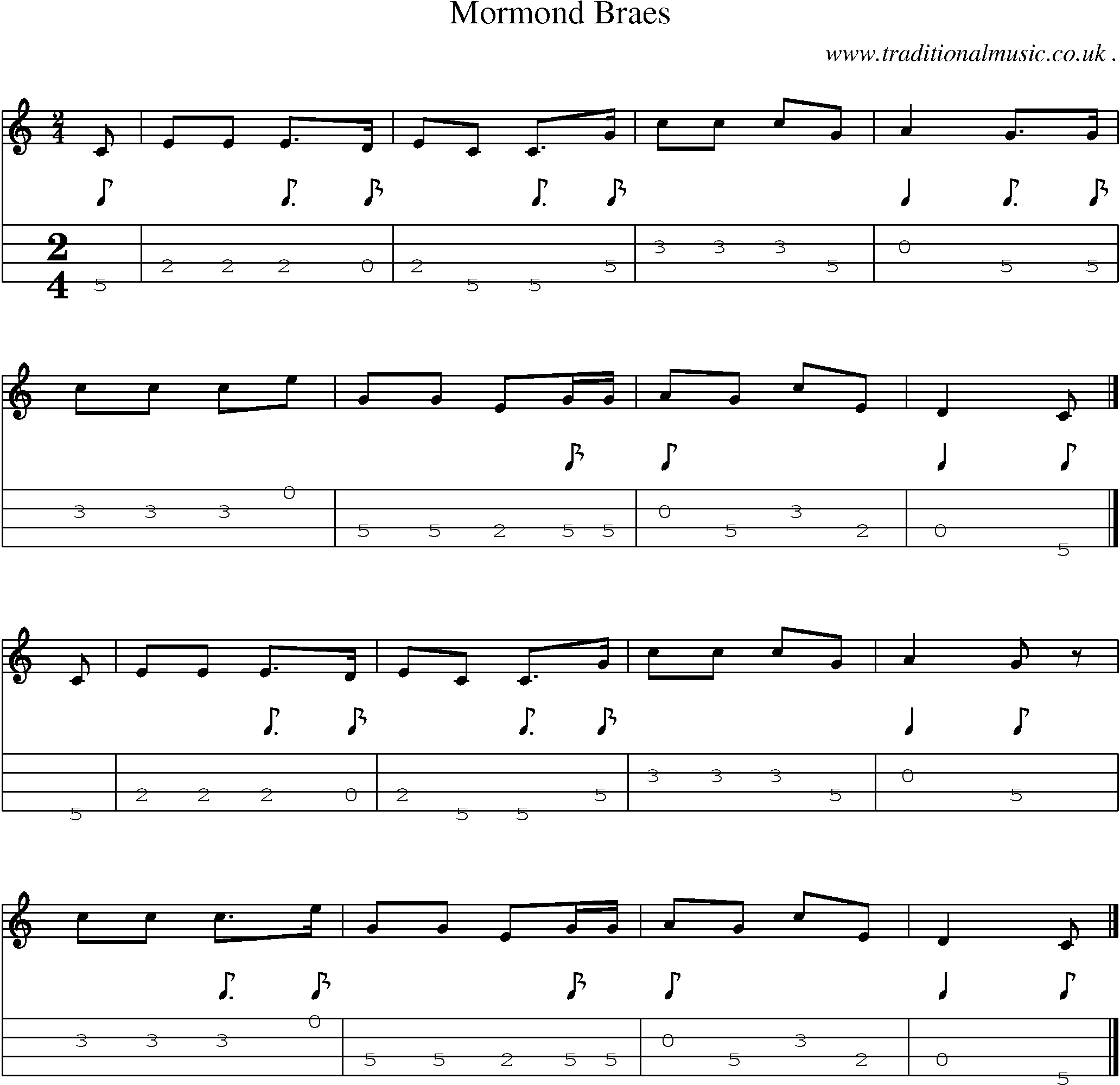 Sheet-music  score, Chords and Mandolin Tabs for Mormond Braes
