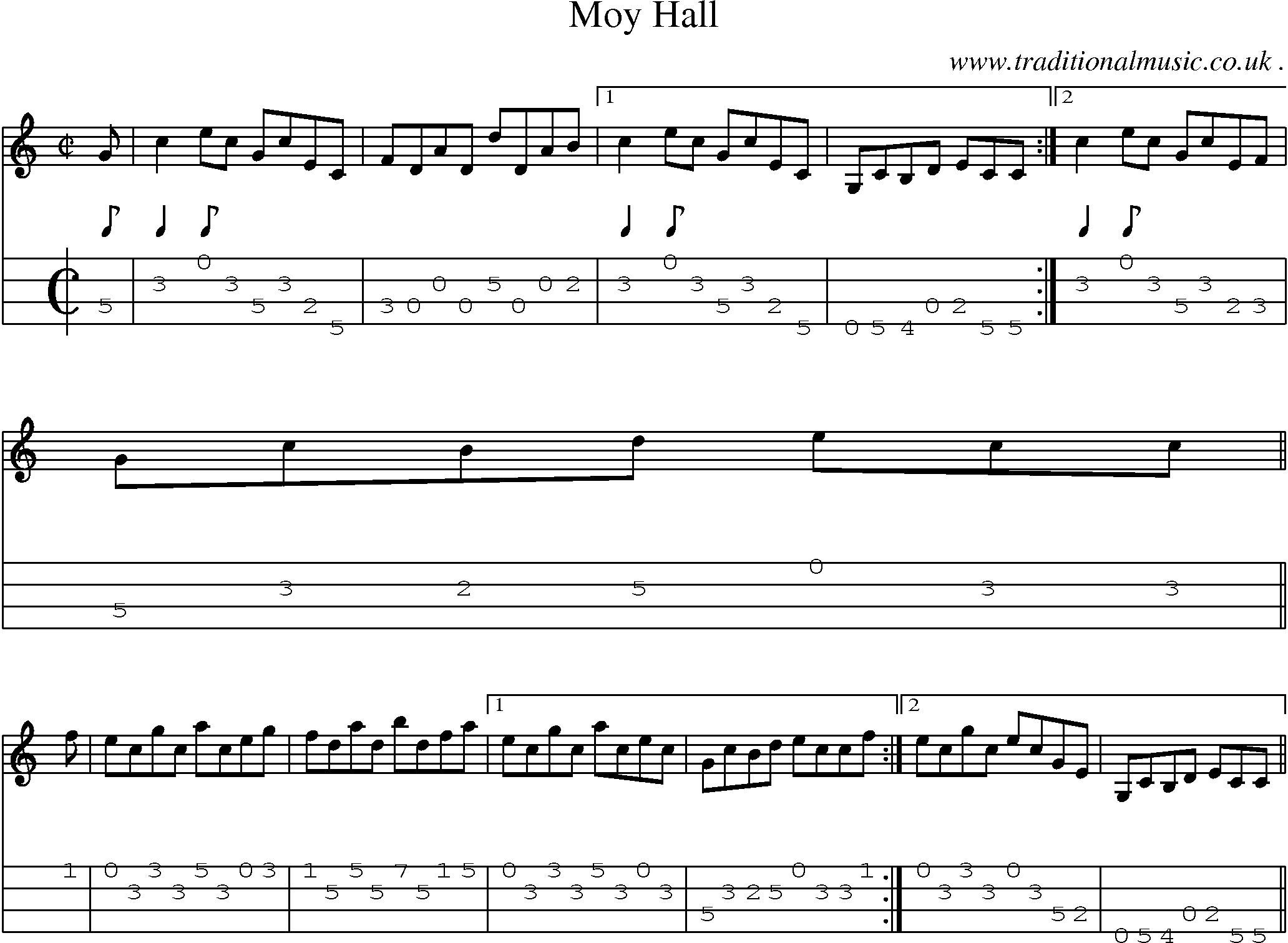 Sheet-music  score, Chords and Mandolin Tabs for Moy Hall