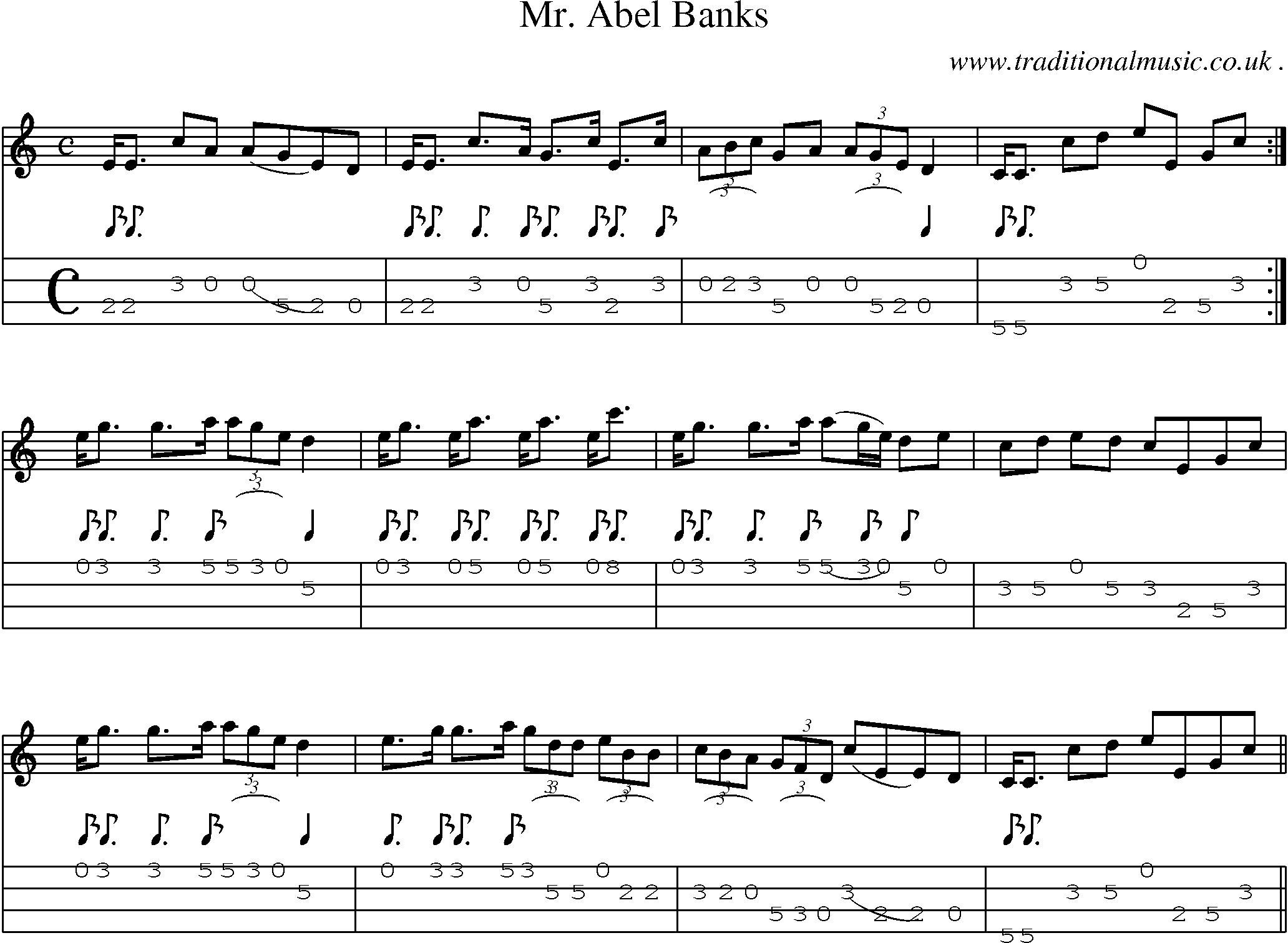 Sheet-music  score, Chords and Mandolin Tabs for Mr Abel Banks