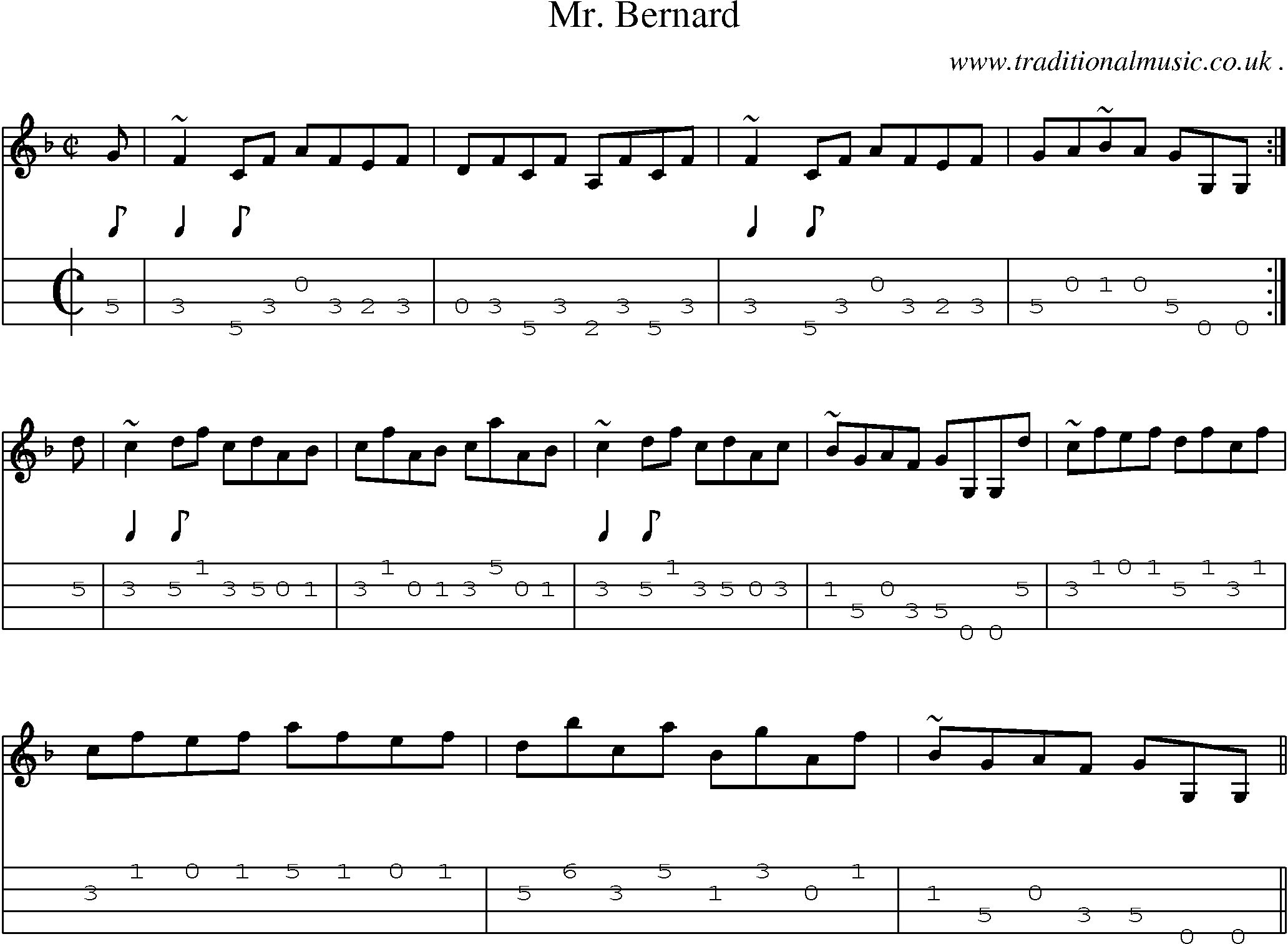 Sheet-music  score, Chords and Mandolin Tabs for Mr Bernard
