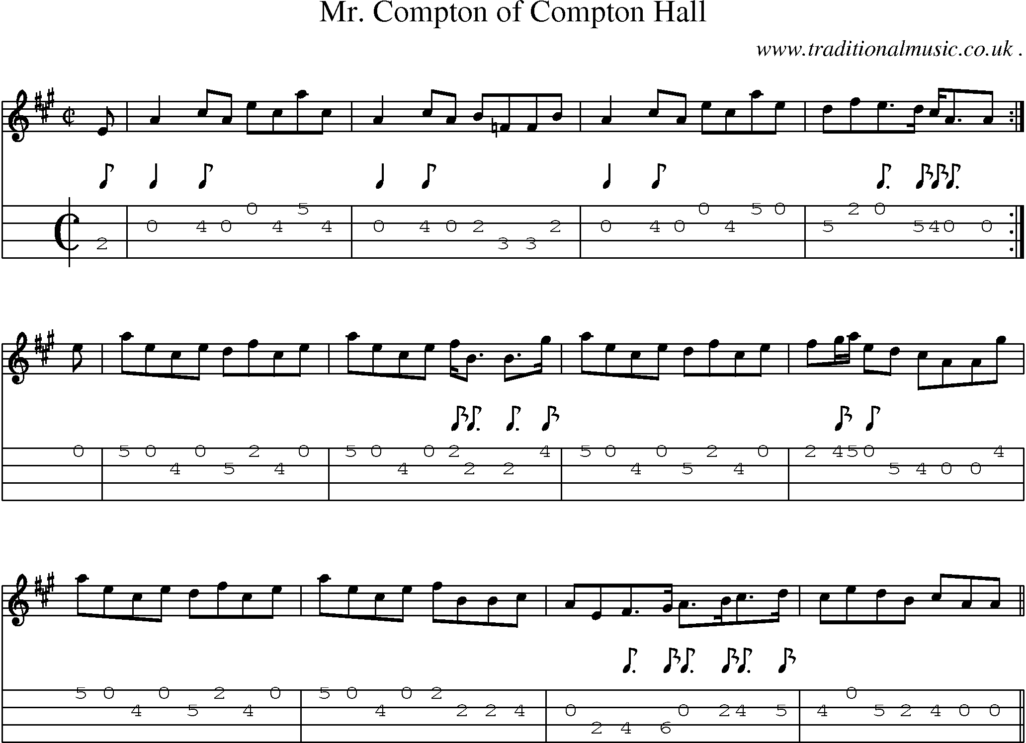 Sheet-music  score, Chords and Mandolin Tabs for Mr Compton Of Compton Hall