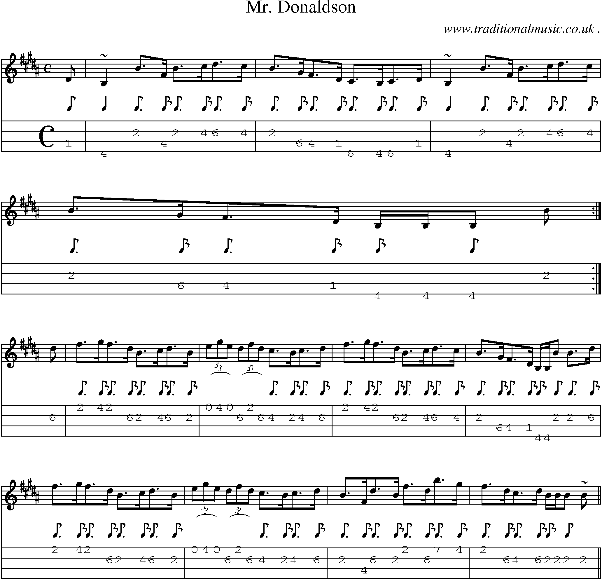 Sheet-music  score, Chords and Mandolin Tabs for Mr Donaldson