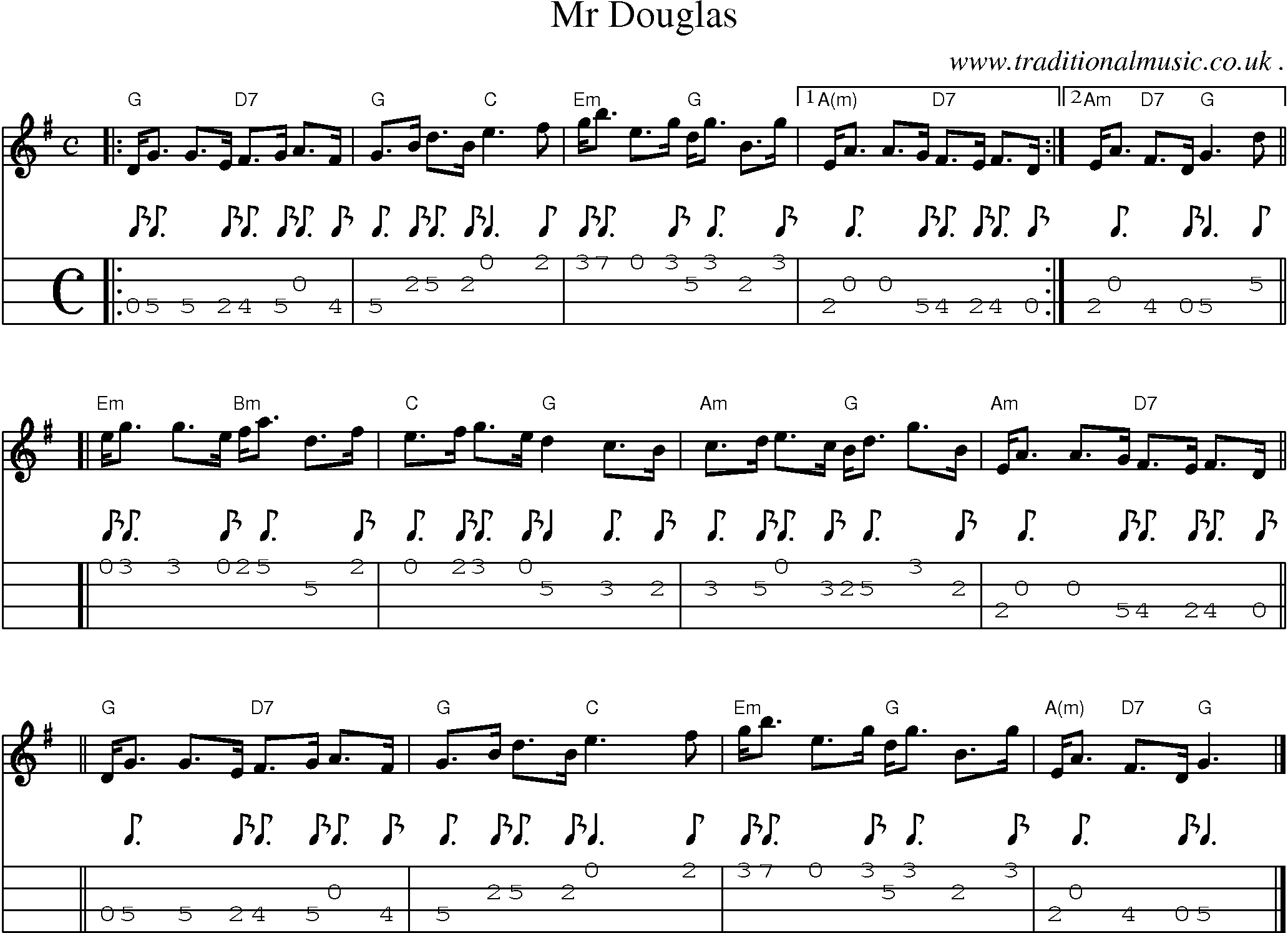 Sheet-music  score, Chords and Mandolin Tabs for Mr Douglas