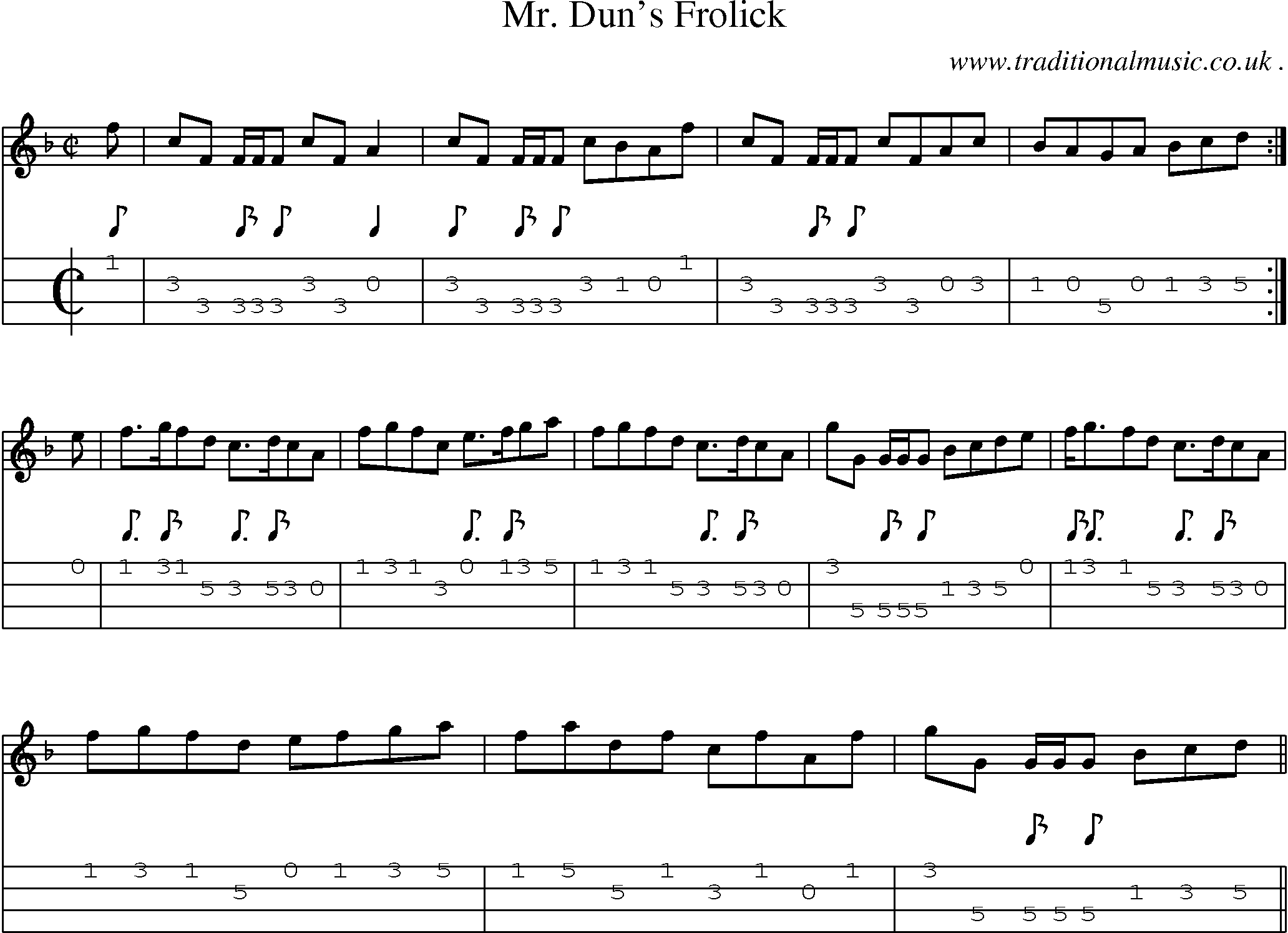 Sheet-music  score, Chords and Mandolin Tabs for Mr Duns Frolick
