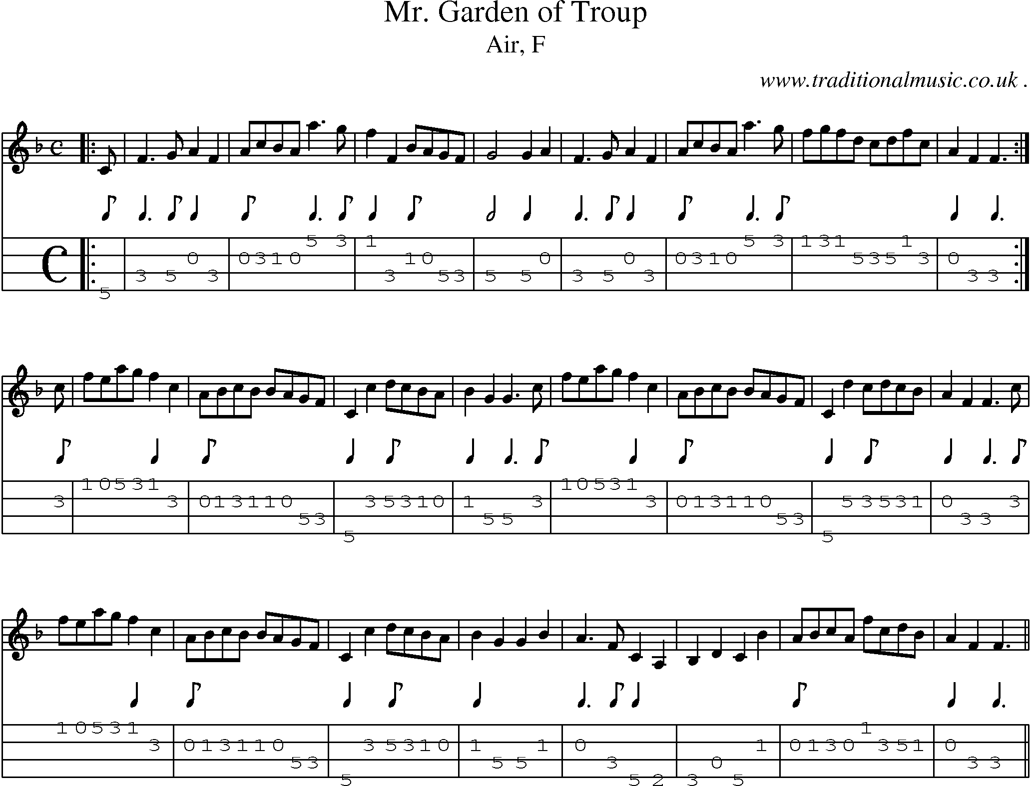 Sheet-music  score, Chords and Mandolin Tabs for Mr Garden Of Troup