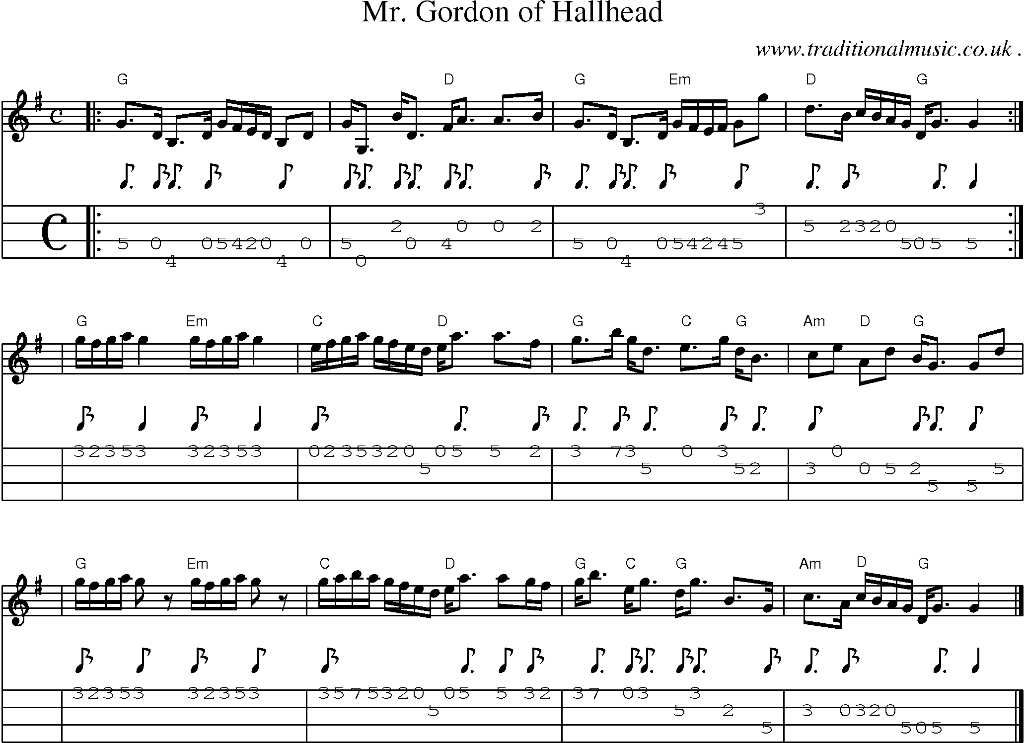 Sheet-music  score, Chords and Mandolin Tabs for Mr Gordon Of Hallhead