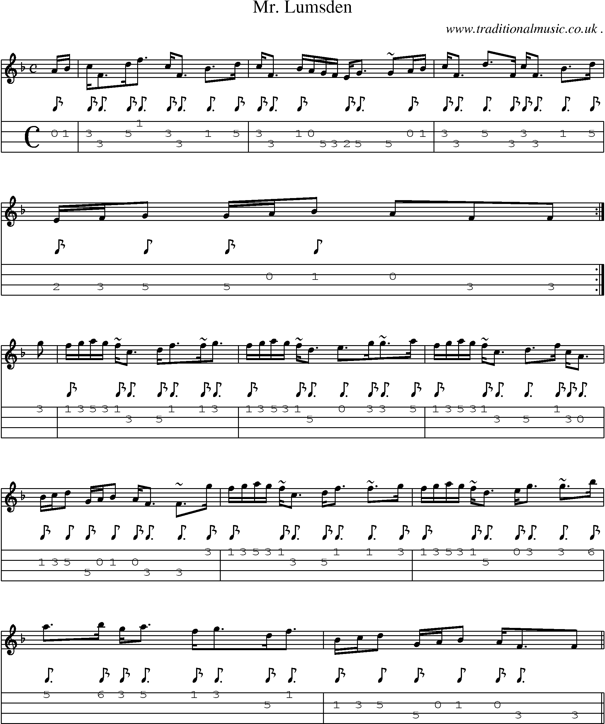 Sheet-music  score, Chords and Mandolin Tabs for Mr Lumsden