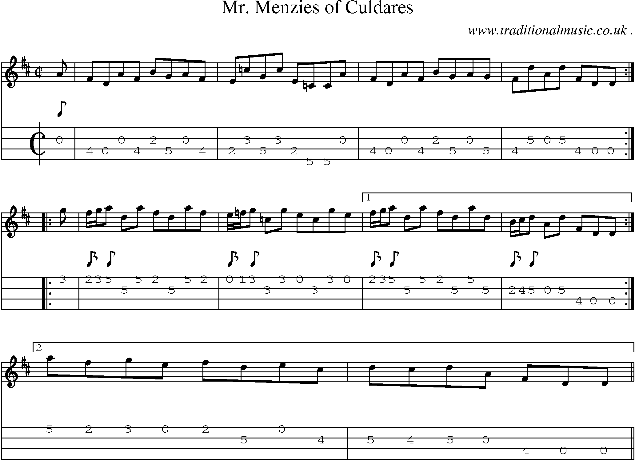 Sheet-music  score, Chords and Mandolin Tabs for Mr Menzies Of Culdares