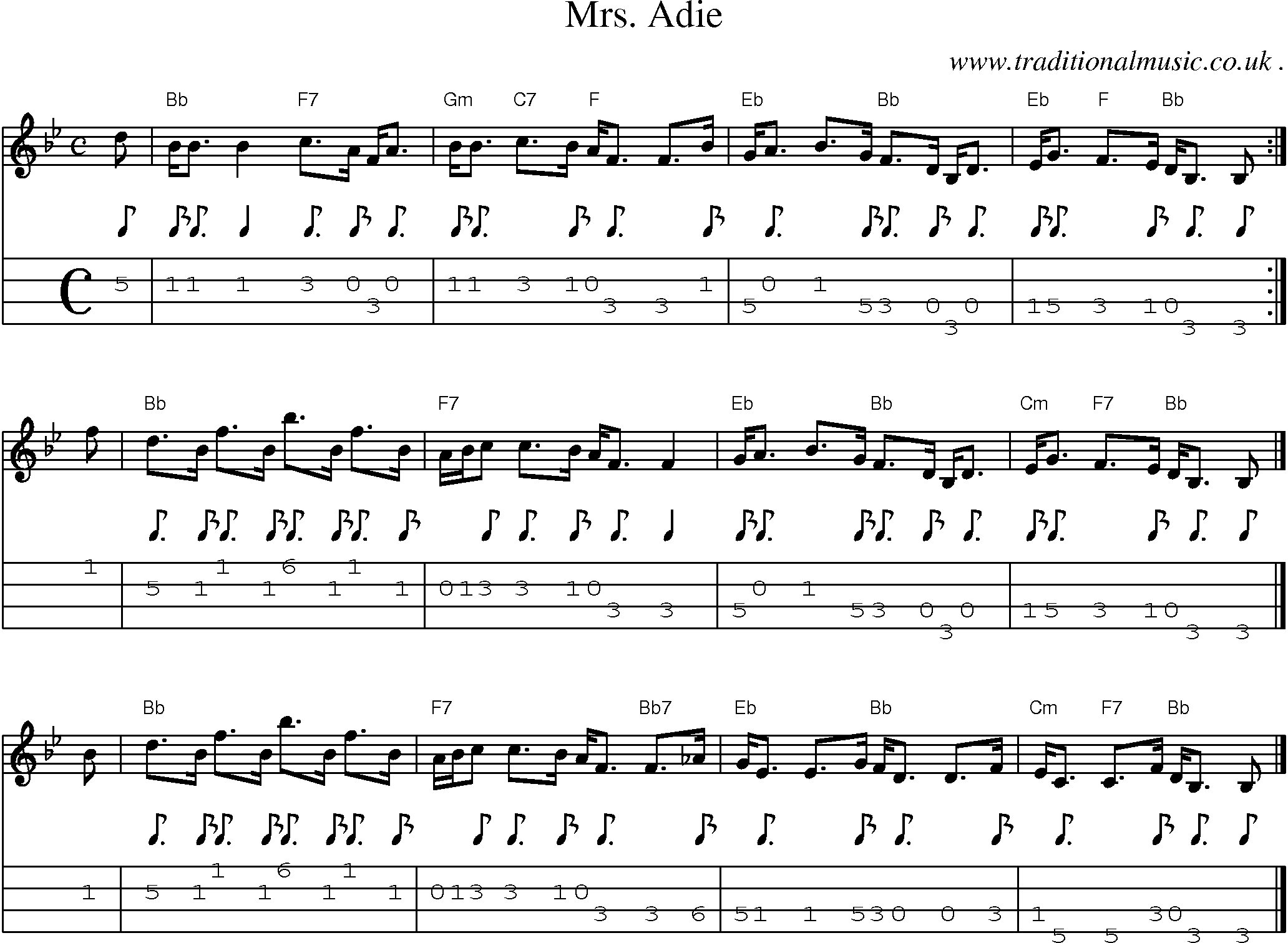 Sheet-music  score, Chords and Mandolin Tabs for Mrs Adie