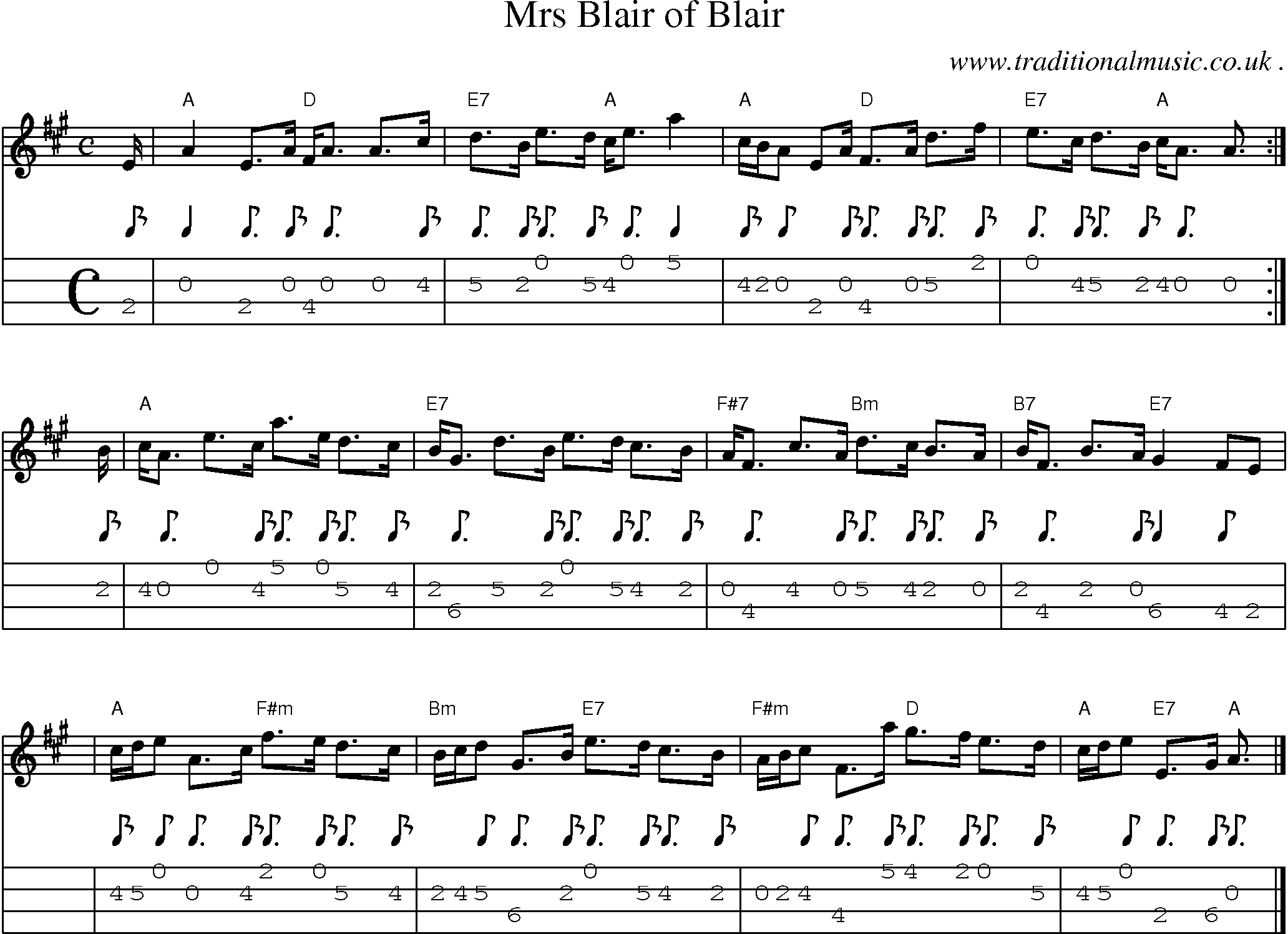 Sheet-music  score, Chords and Mandolin Tabs for Mrs Blair Of Blair